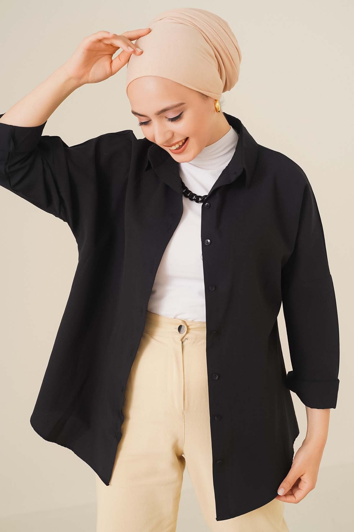 Image of 103901 Cămașă Hijab Basic Supradimensionată - Negru