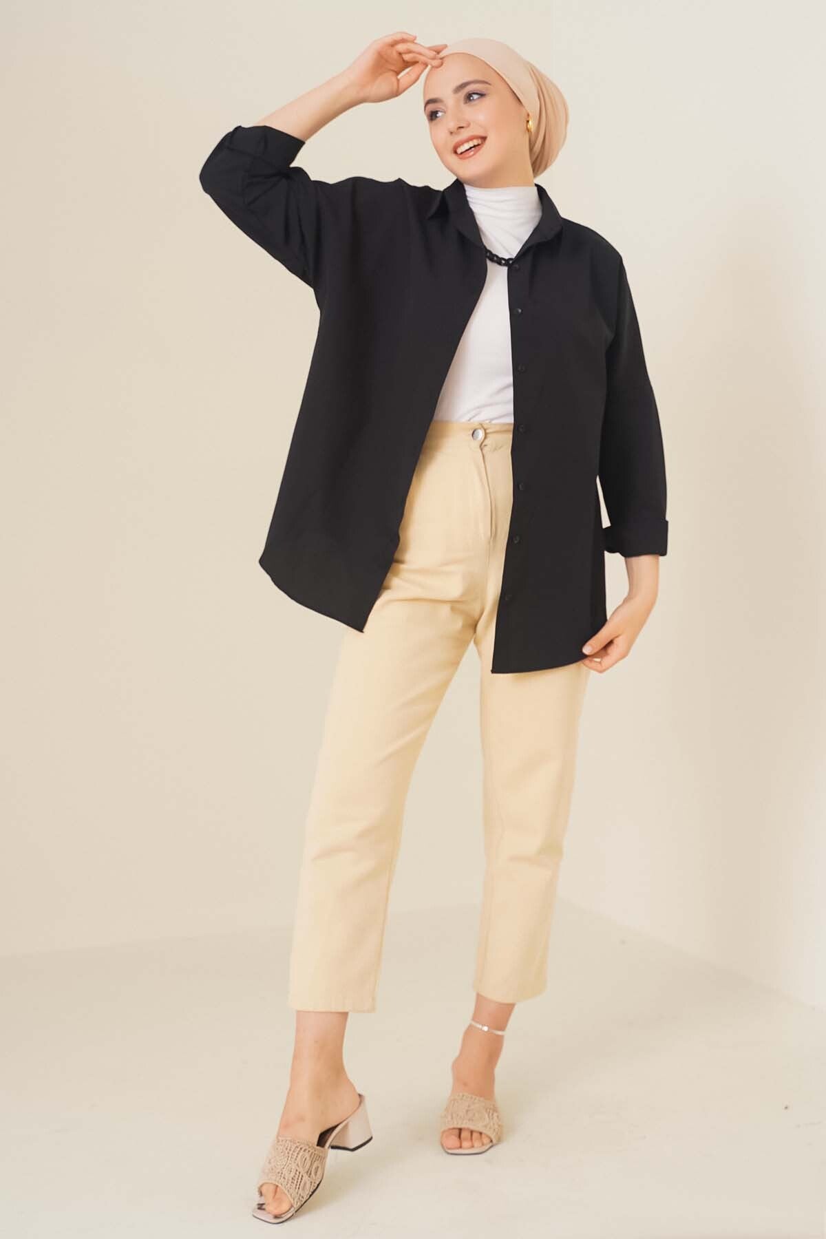 Image of 103901 Cămașă Hijab Basic Supradimensionată - Negru