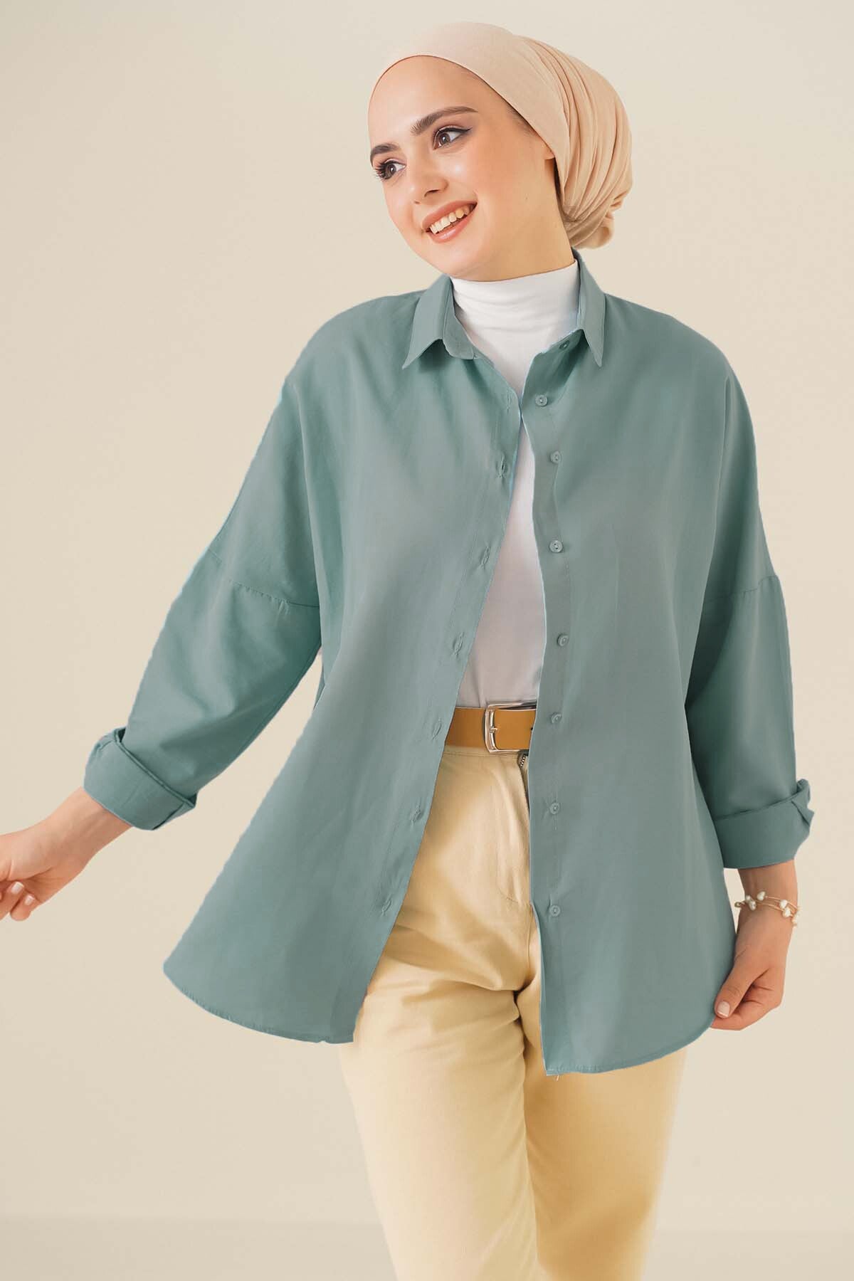 Image of 103901 Oversize Basic Tesettür Gömlek - Su Yeşili