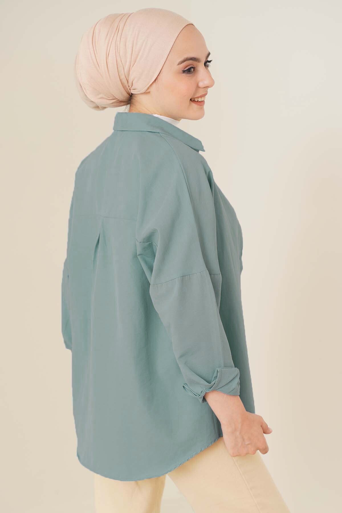 Image of 103901 Oversize Basic Tesettür Gömlek - Su Yeşili
