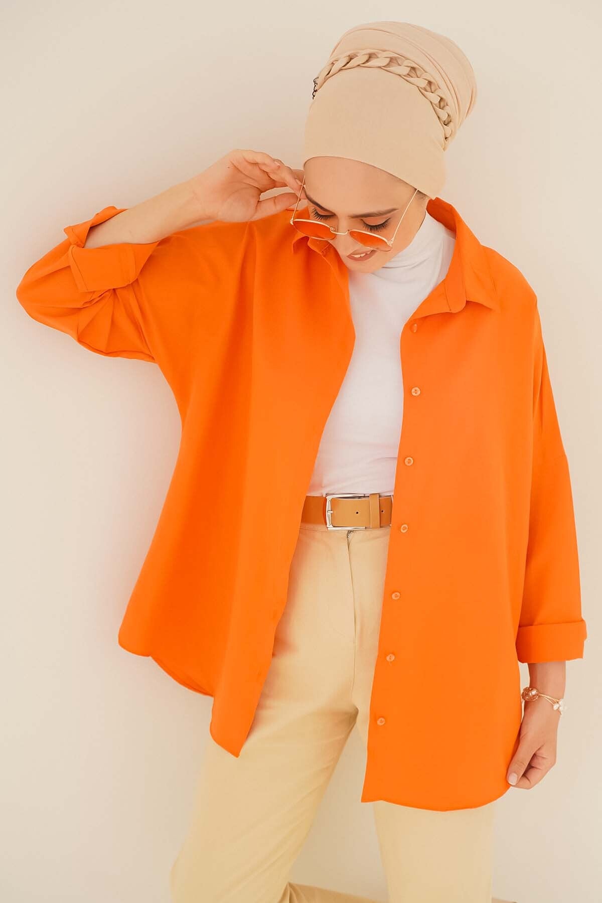 Image of 103901 Oversize Basic Tesettür Gömlek - Turuncu