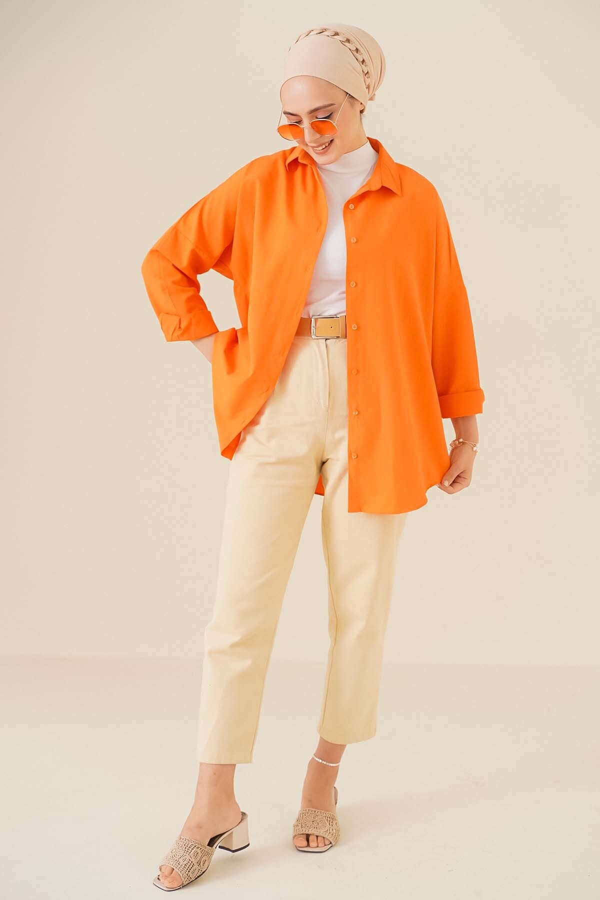 Image of 103901 Oversize Basic Tesettür Gömlek - Turuncu