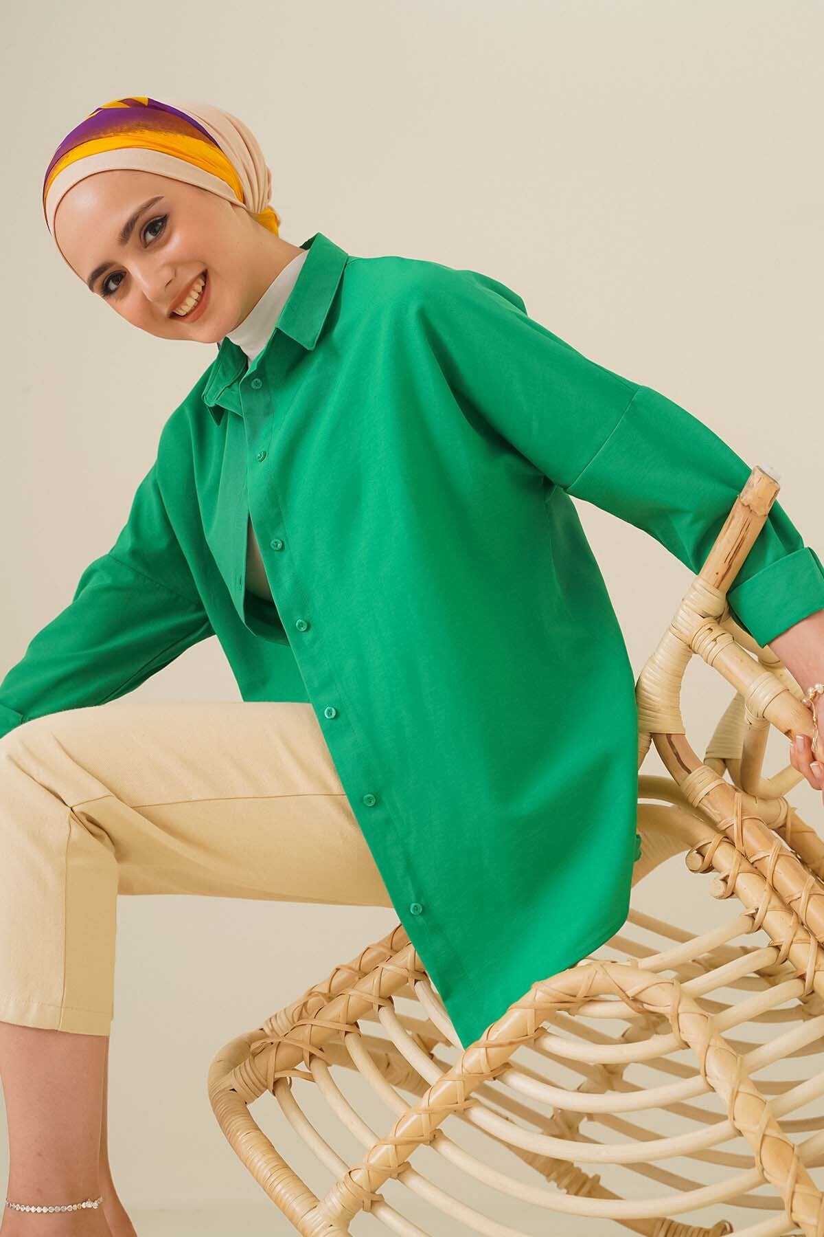 Image of 103901 Oversize Basic Tesettür Gömlek - Yeşil