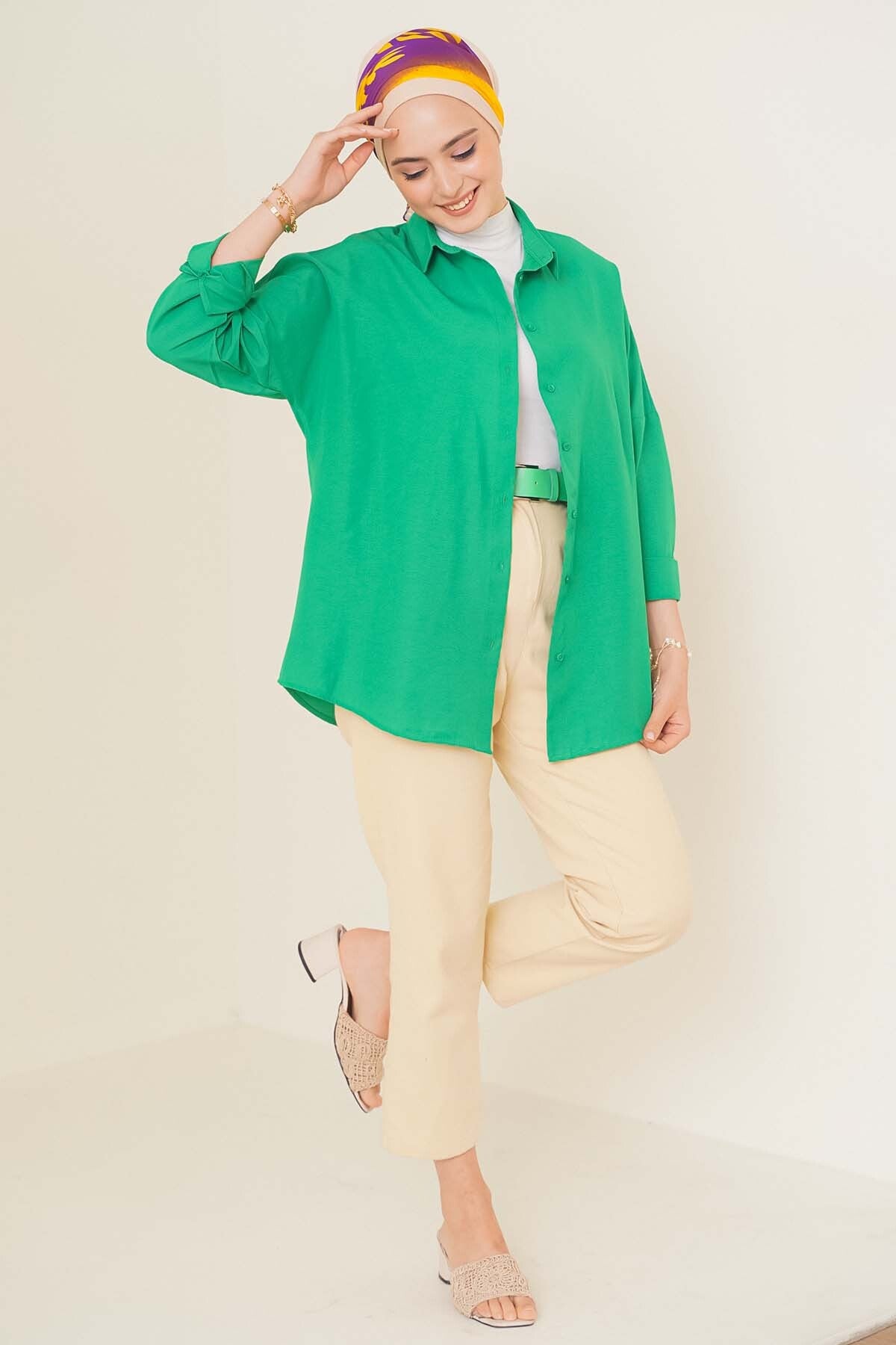Image of 103901 Oversize Basic Tesettür Gömlek - Yeşil