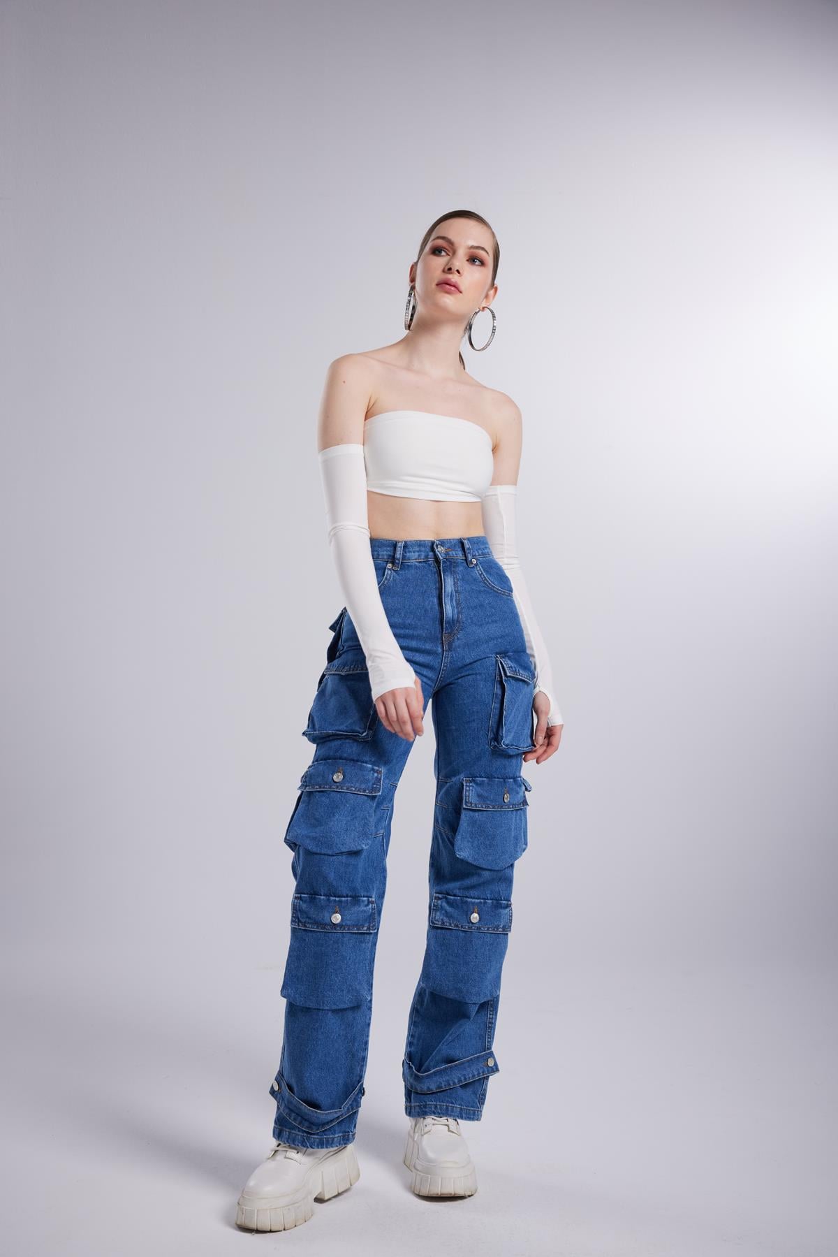 Image of Yüksek Bel Wide Leg  Cargo Jean Pantolon Mavi