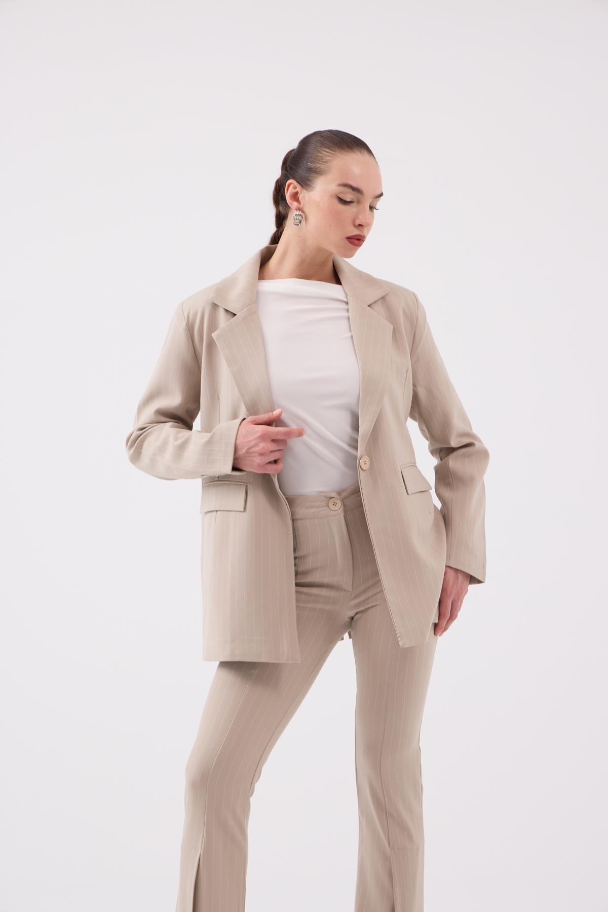 Image of Vatkalı Astarlı Blazer Striped Blazer Ceket Bej