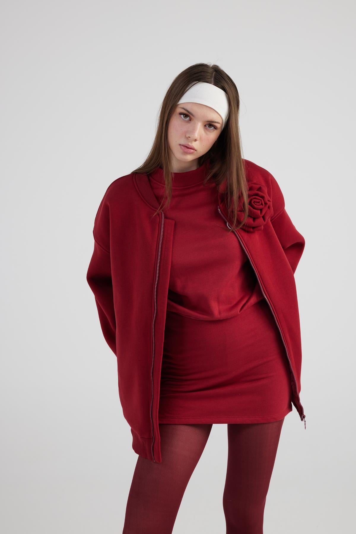 Image of Oversize Çıkarılabilir Gül Detaylı Astarlı Alexa Bomber Ceket Bordo