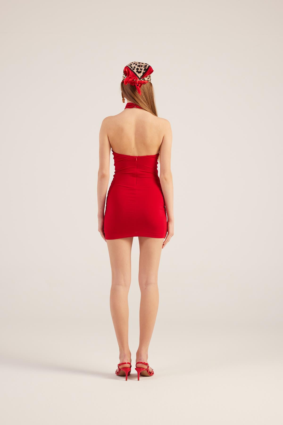 Image of Halter Yaka Büzgülü Mini Perla Elbise Kırmızı