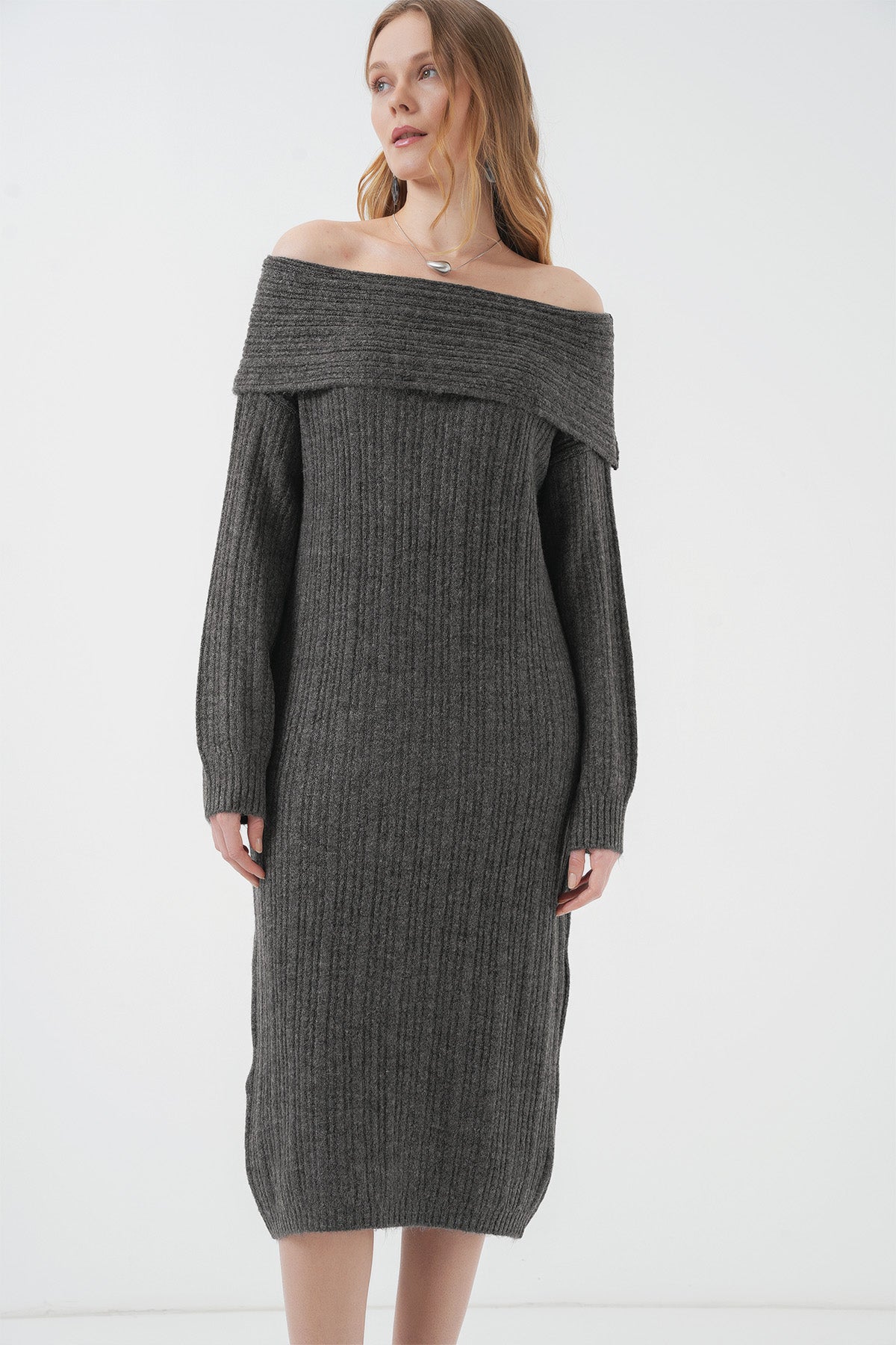 Image of 15920 Madonna Yaka Oversize Triko Elbise - Antrasit