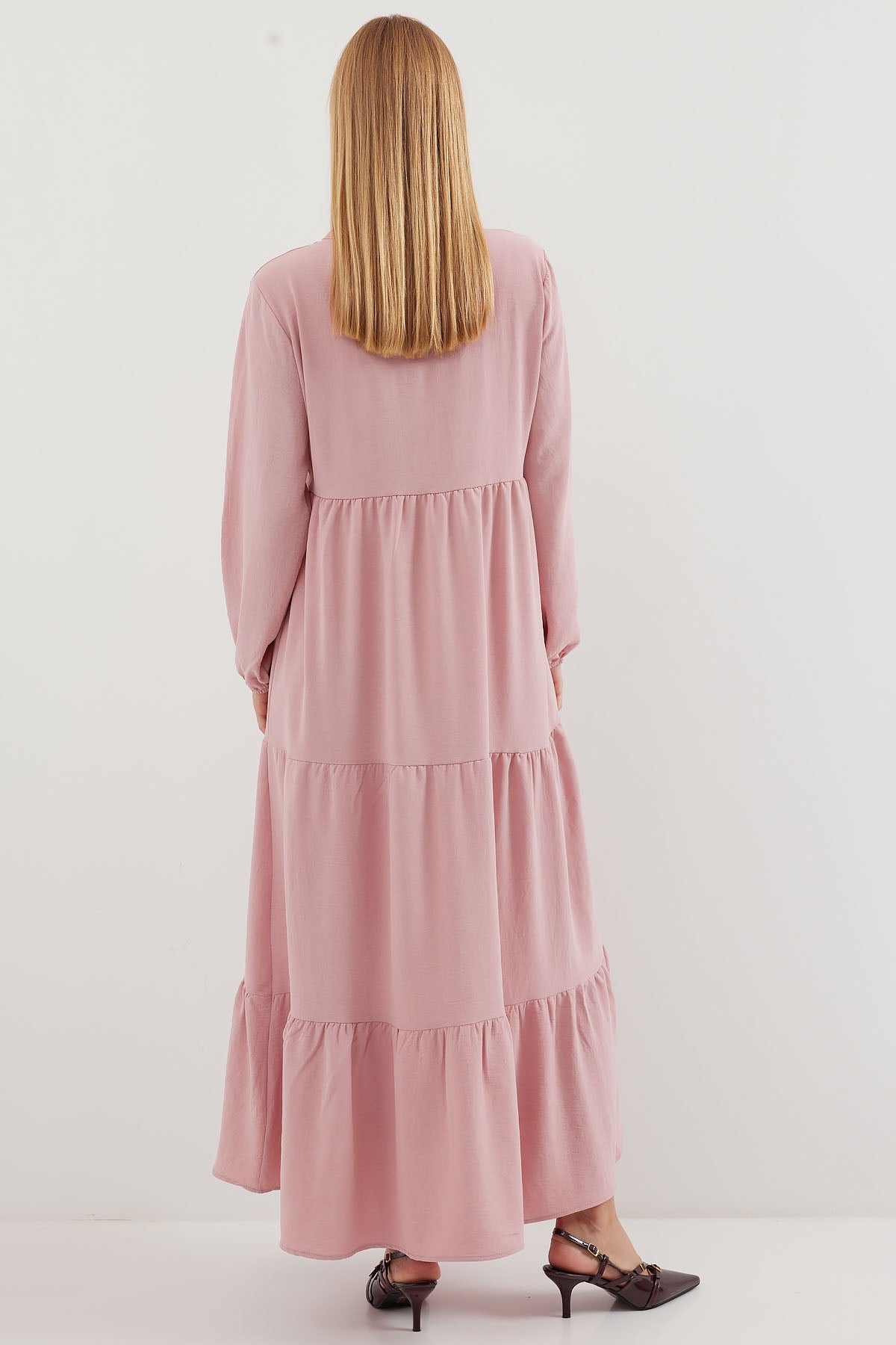 Image of 1627 Yaka Bağcıklı Tesettür Elbise - A. Pembe