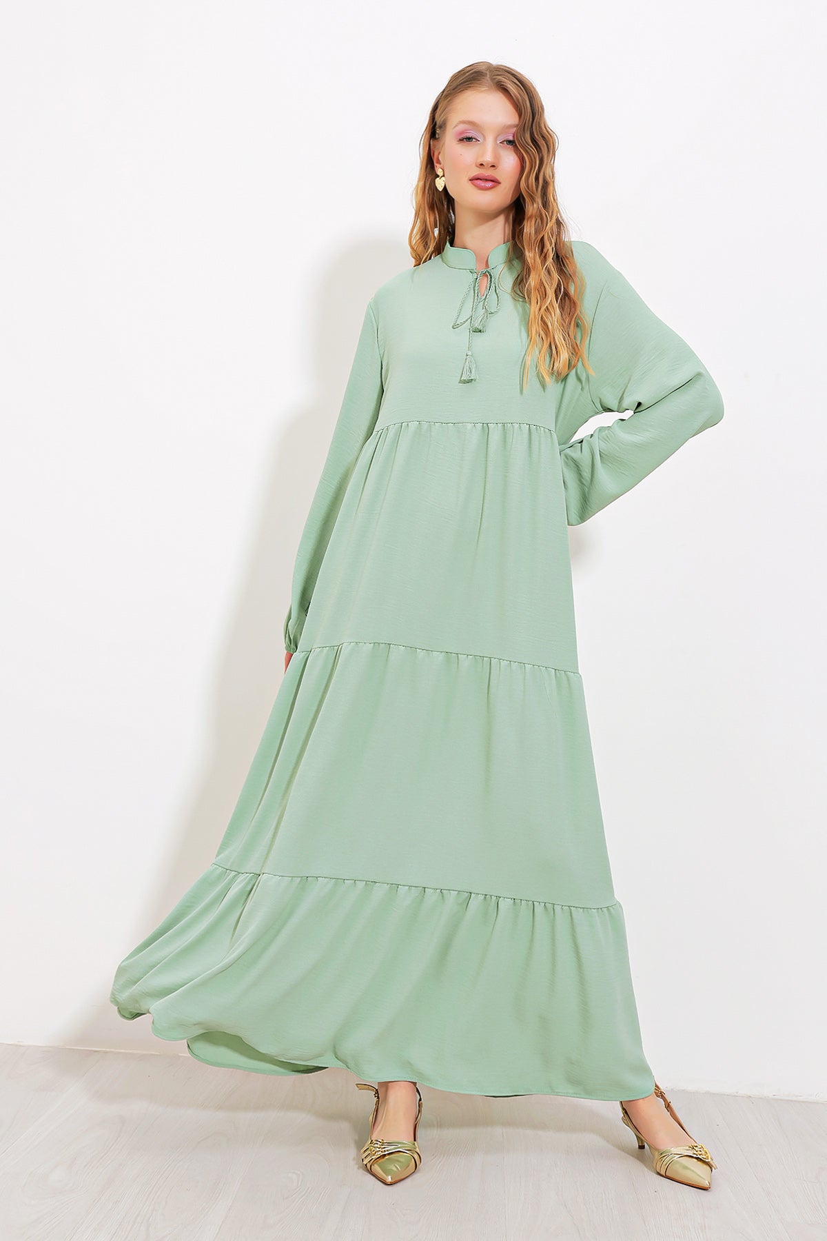 Image of Rochie hijab lungă din viscoză, verde deschis, cu guler și șireturi, pentru femei, 1627