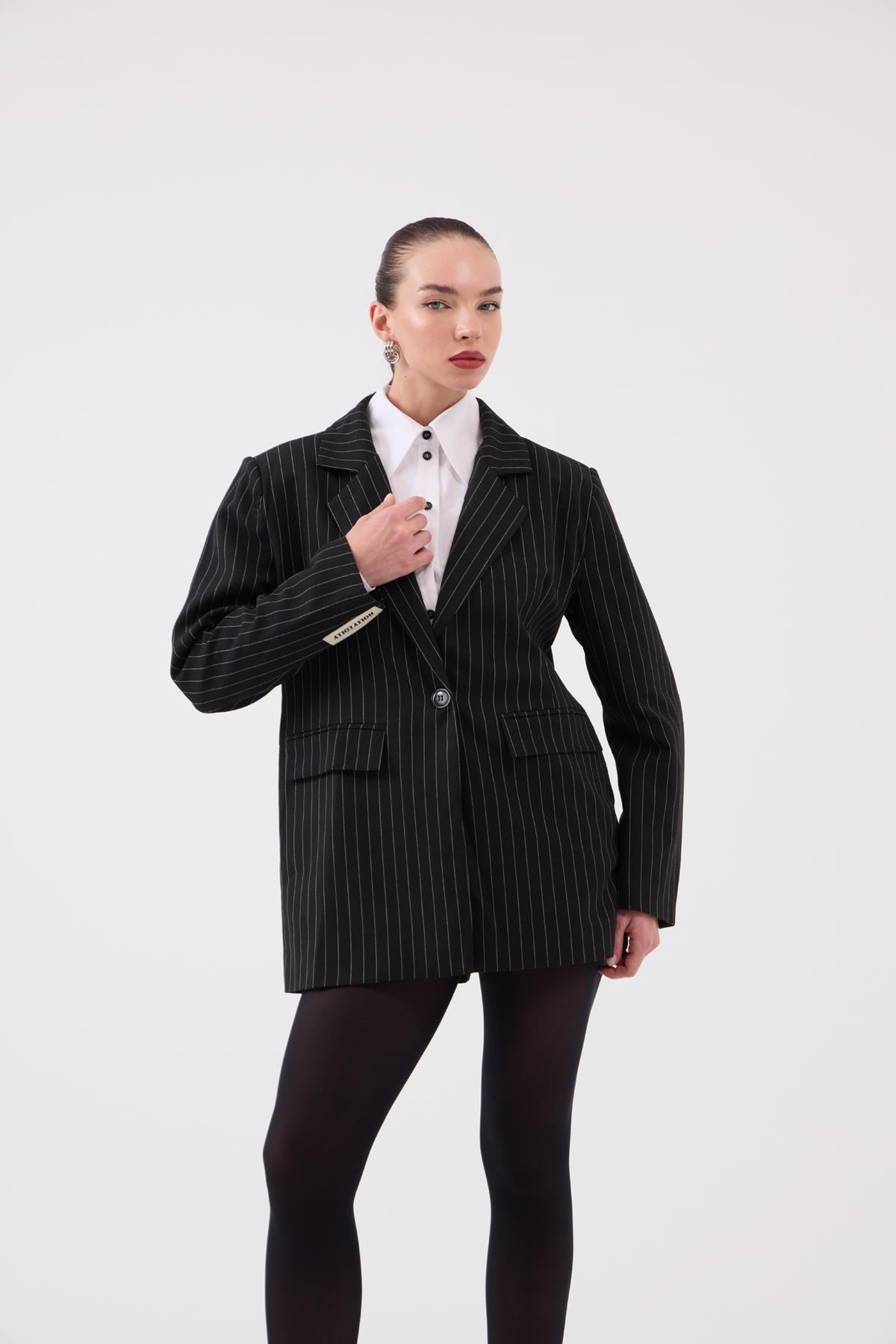 Image of Oversize Kesim Çizgili Strip Blazer Ceket Siyah