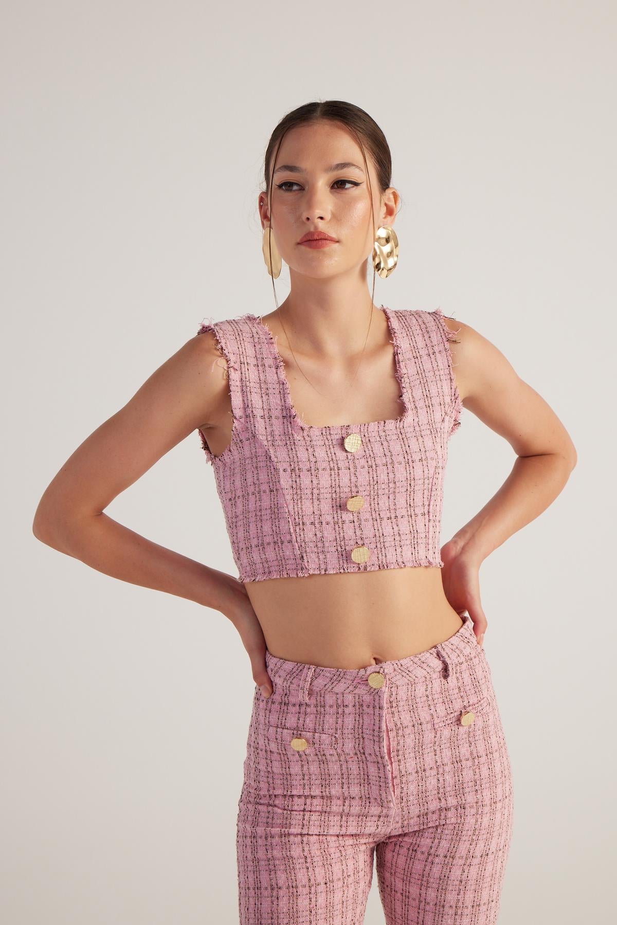 Image of Tüvit Kumaş Crop Tweed Büstiyer Pembe