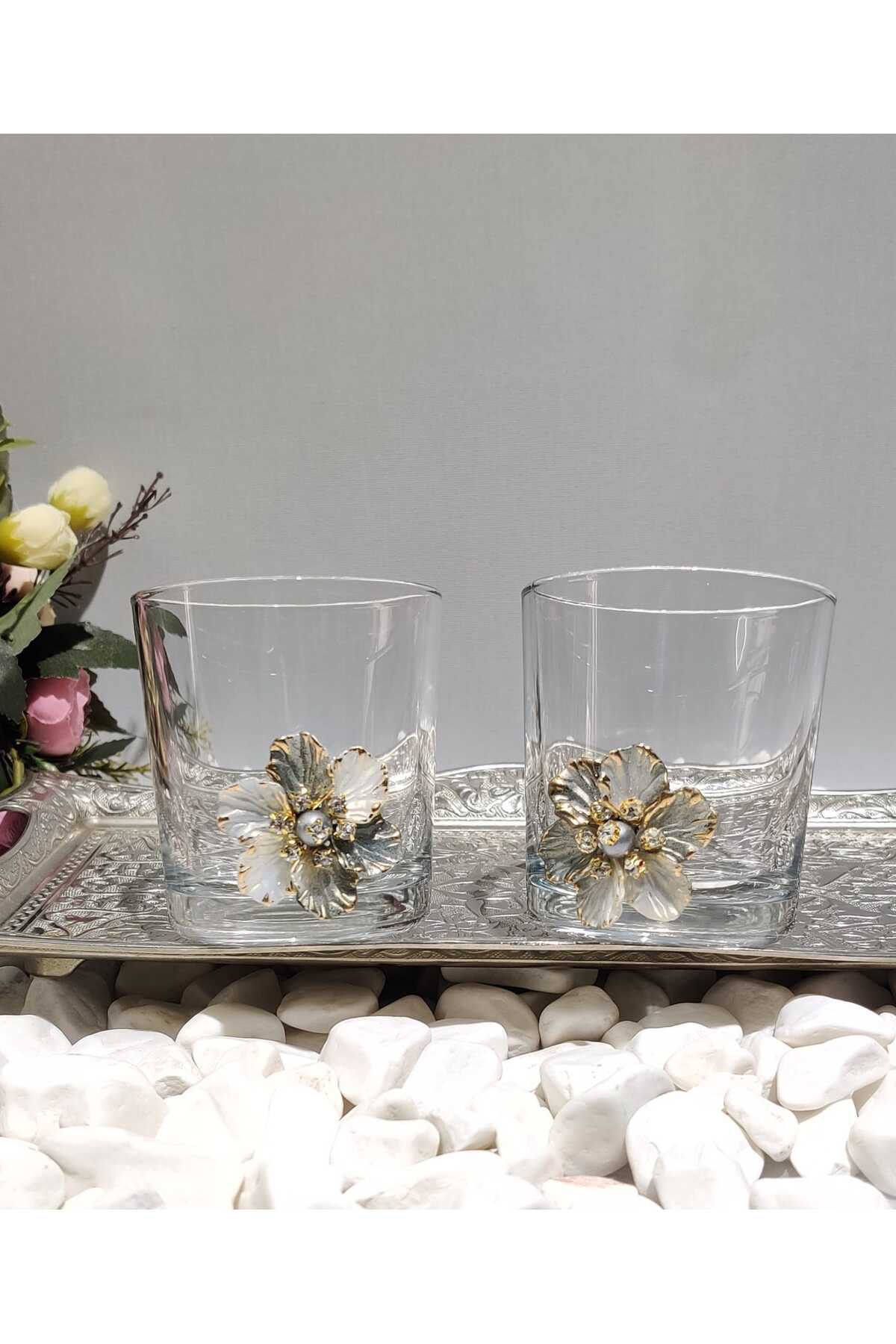 Image of Çiçek Figürlü Cam Kahve Yanı & Meşrubat Bardağı – 190 ml (2’li Set)