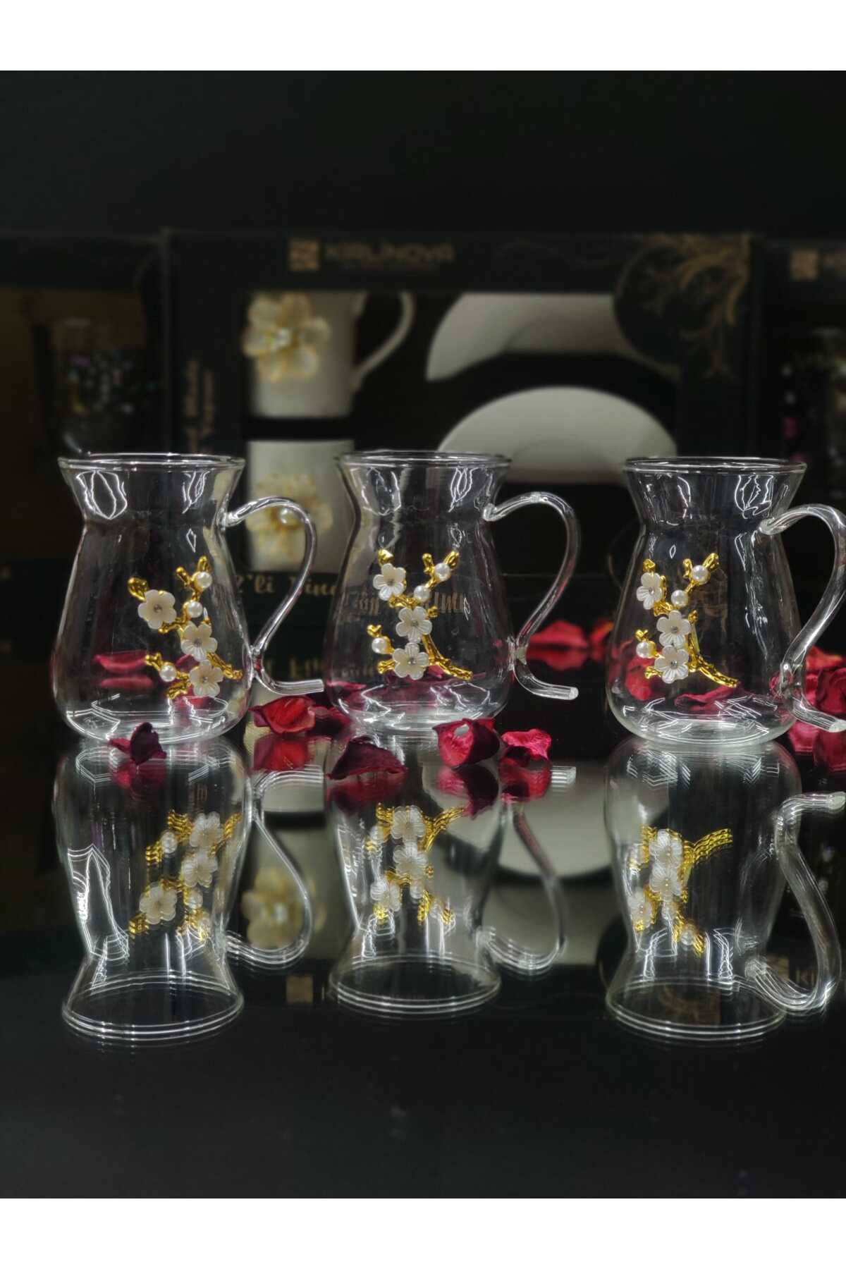 Image of Dal Çiçek Borosilikat Çay Bardağı 3lü Cam Set El Yapımı
