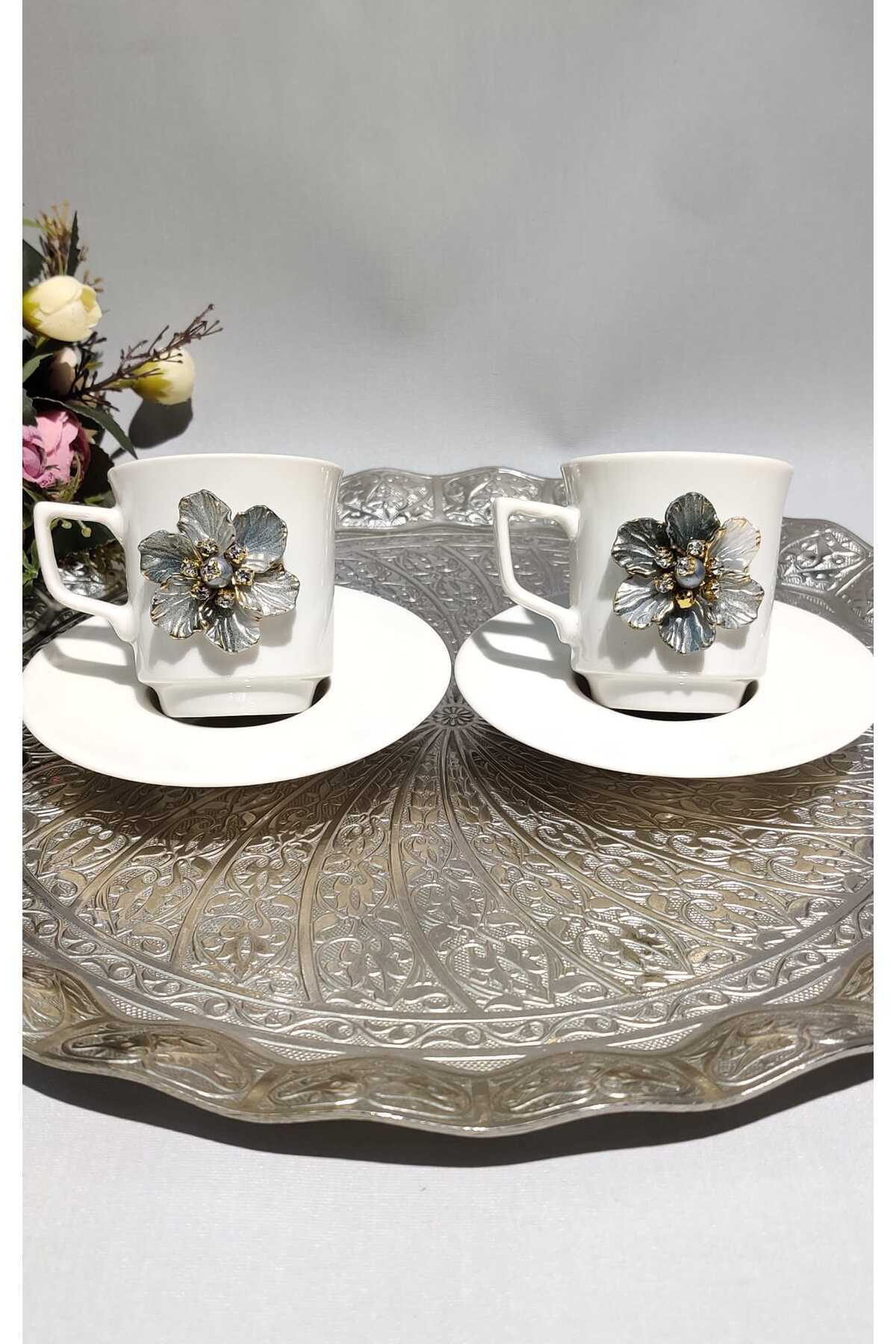 Image of Gri Çiçek Motifli 2'li Porselen Fincan Takımı