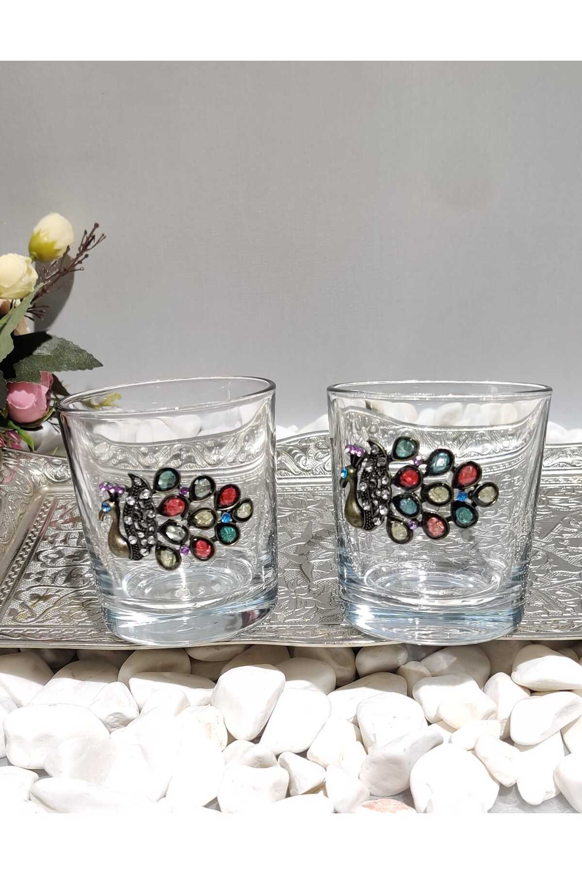 Image of Tavus Kuşu Figürlü Cam Kahve Yanı & Meşrubat Bardağı – 190 ml (2’li Set)