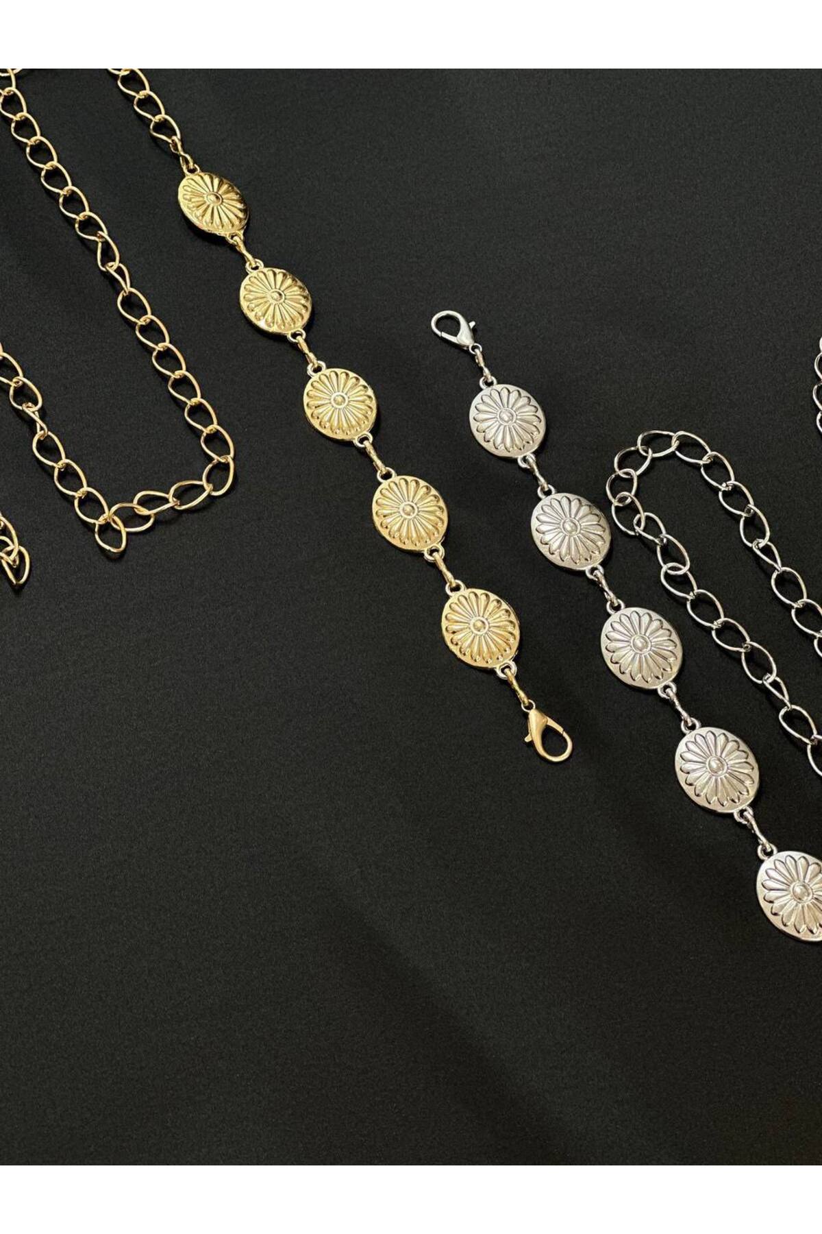Image of 2'li Papatya Gold Gümüş Detaylı Kadın Bel Zinciri Bel Kemeri,Elbise Kemeri,Etek Kemeri