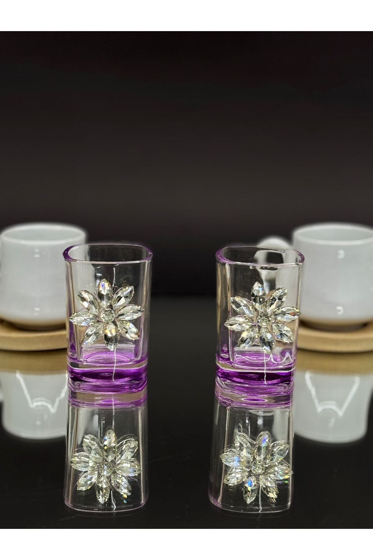 Image of Kristal Taş Detaylı Cam Kahve Yanı Bardağı/Kahve Yanı (2’li Takım) - Mor