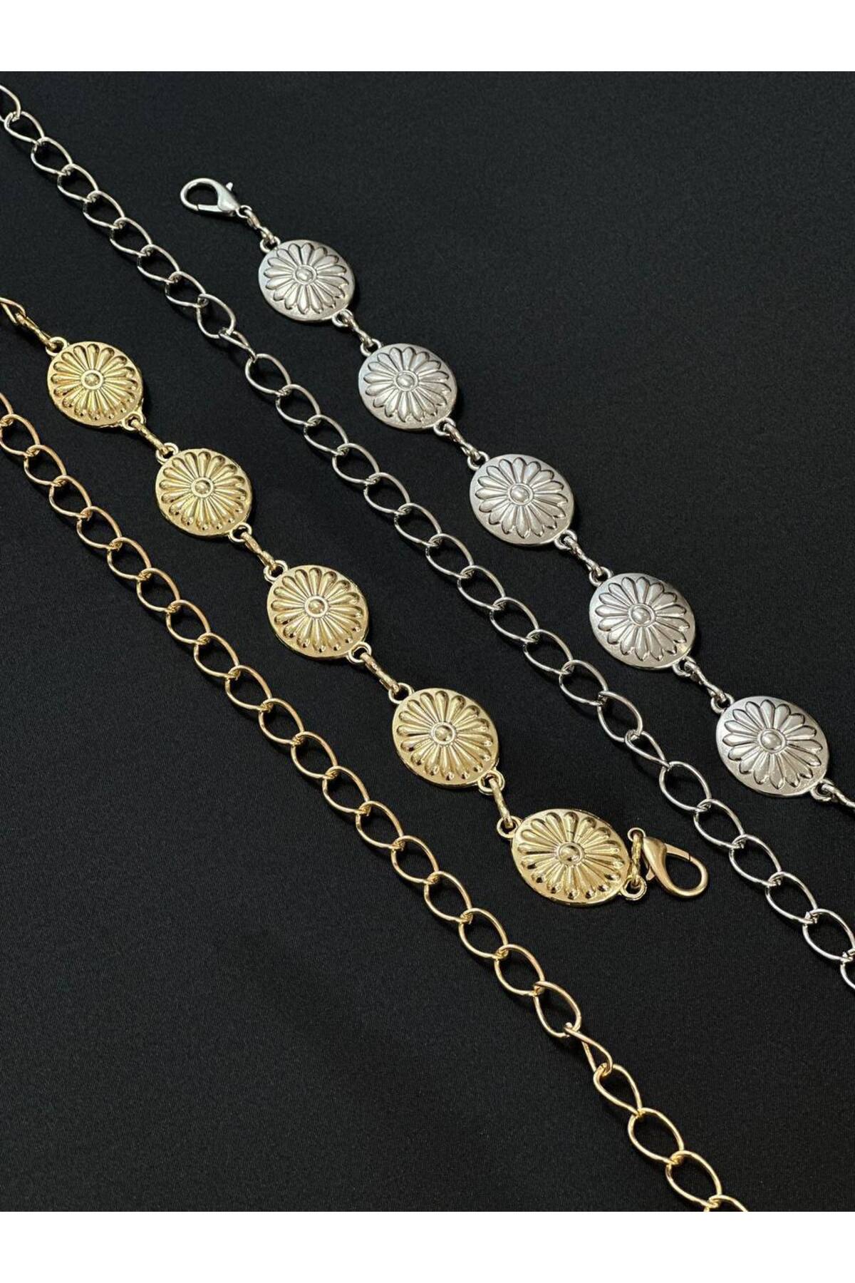 Image of 2'li Papatya Gold Gümüş Detaylı Kadın Bel Zinciri Bel Kemeri,Elbise Kemeri,Etek Kemeri