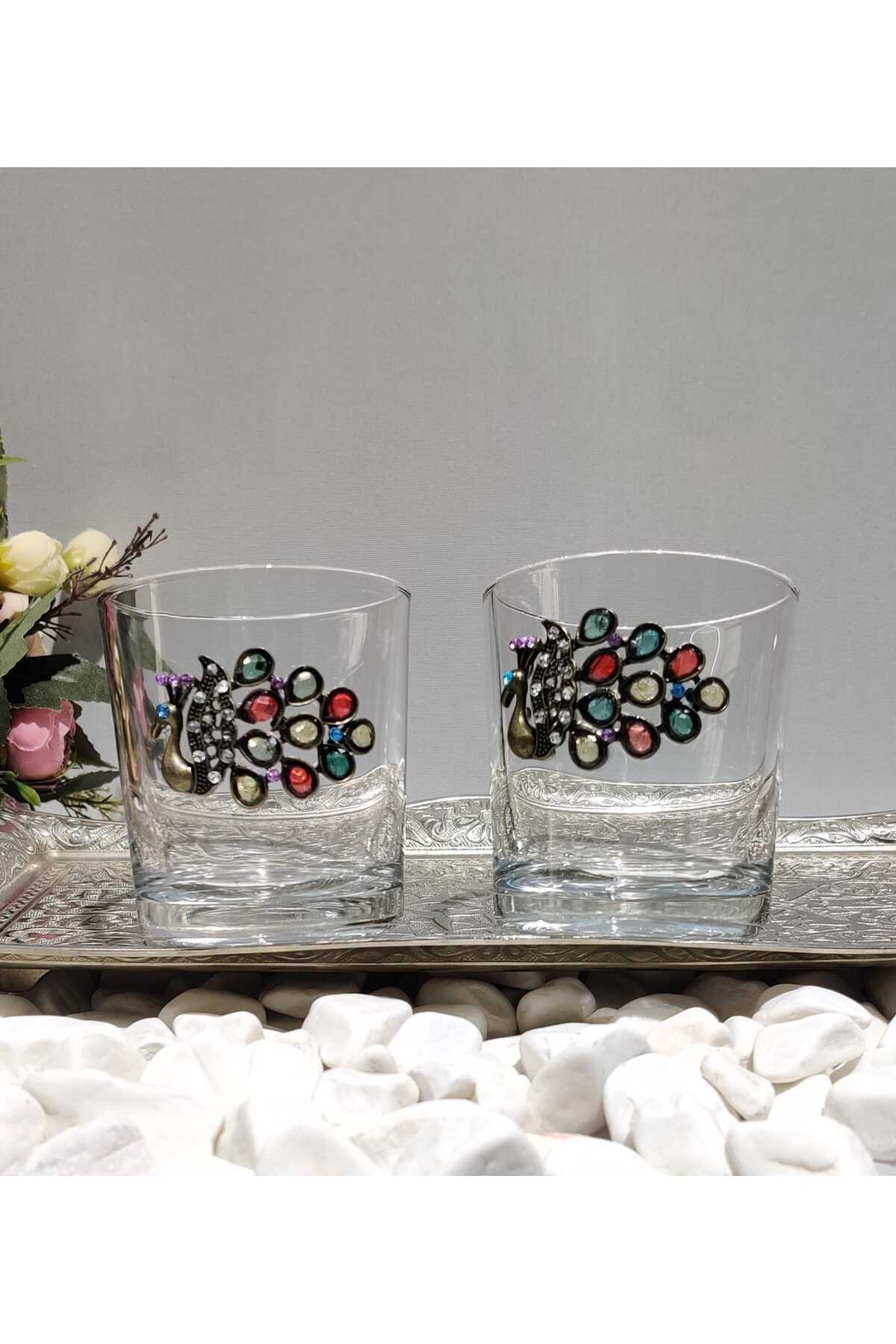 Image of Tavus Kuşu Figürlü Cam Kahve Yanı & Meşrubat Bardağı – 190 ml (2’li Set)