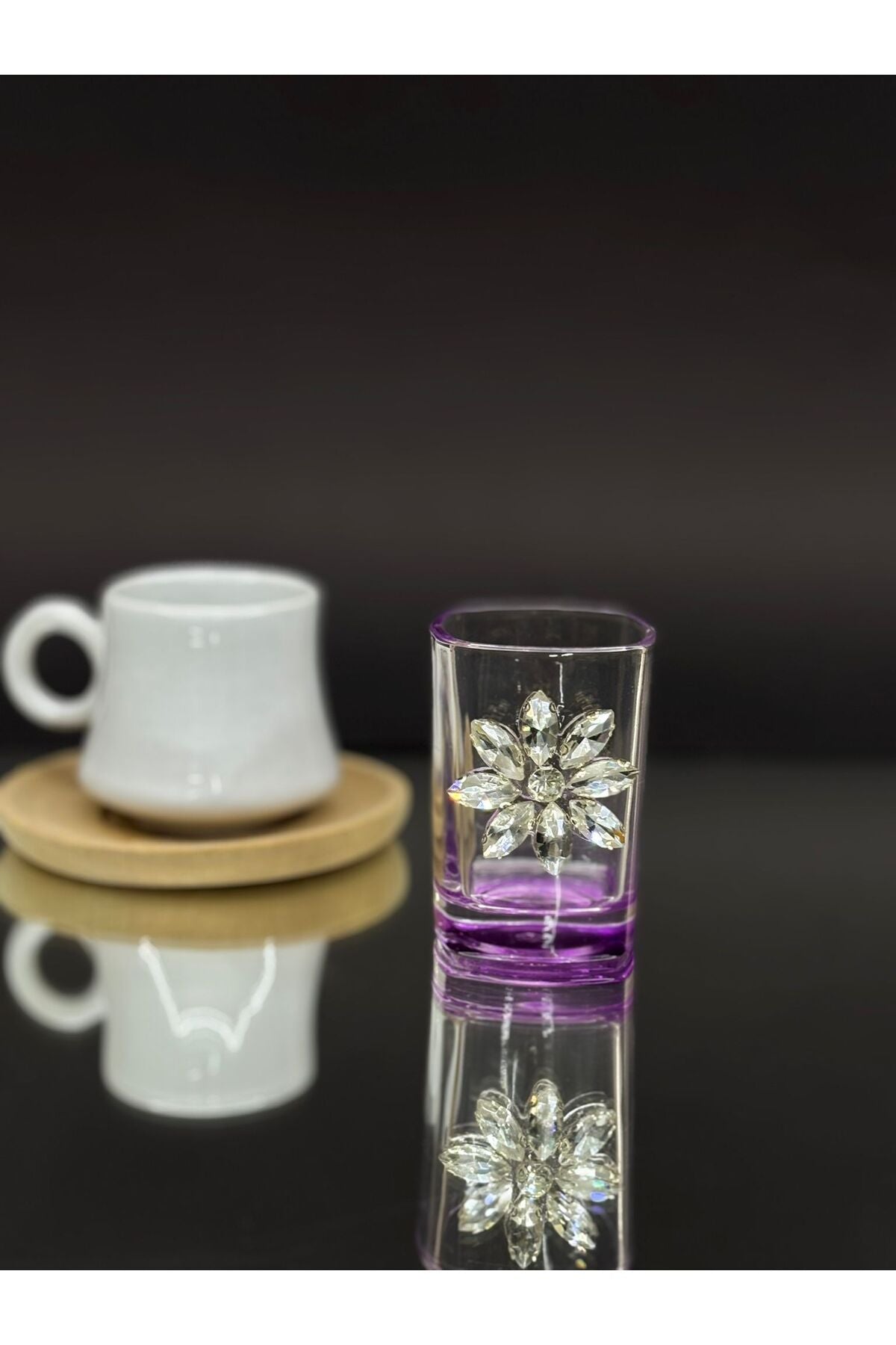 Image of Kristal Taş Detaylı Cam Kahve Yanı Bardağı/Kahve Yanı (2’li Takım) - Mor