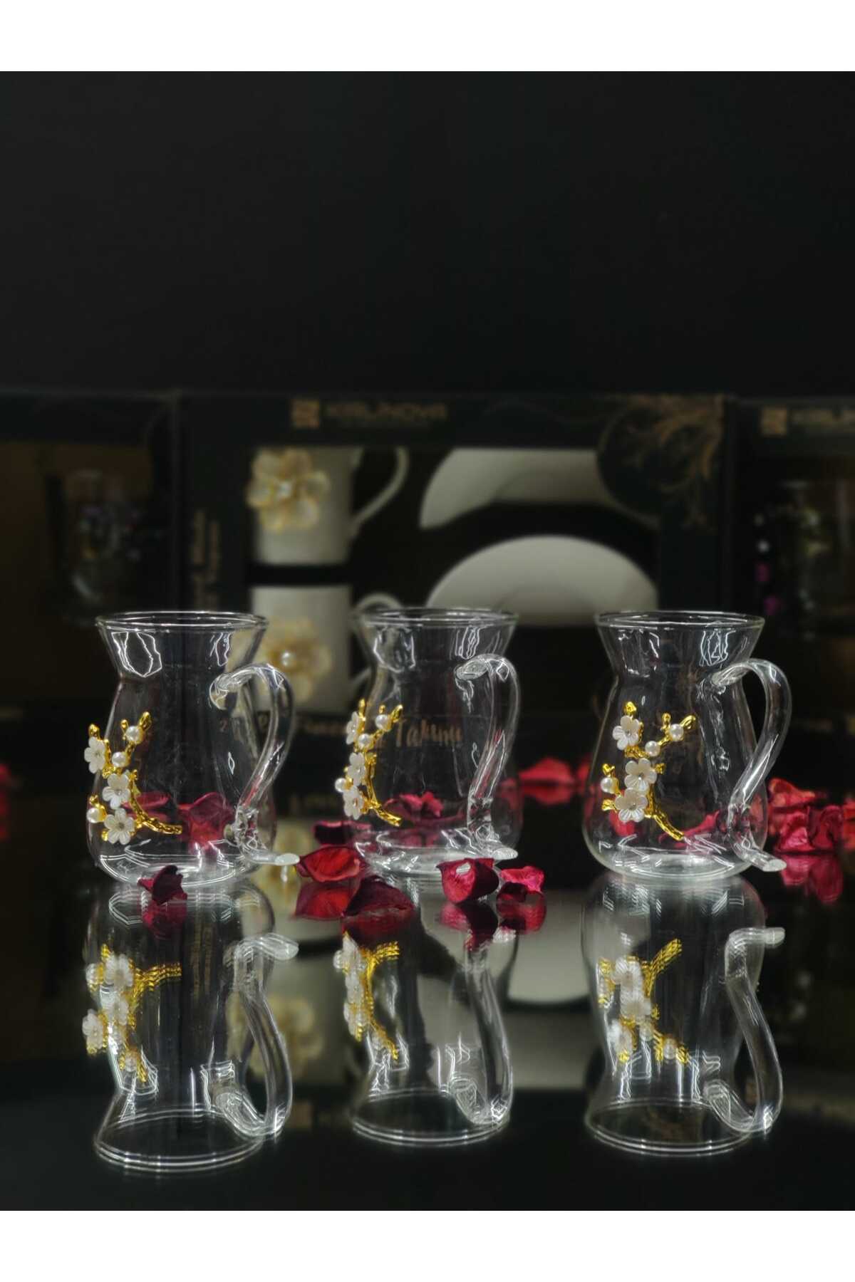 Image of Dal Çiçek Borosilikat Çay Bardağı 3lü Cam Set El Yapımı