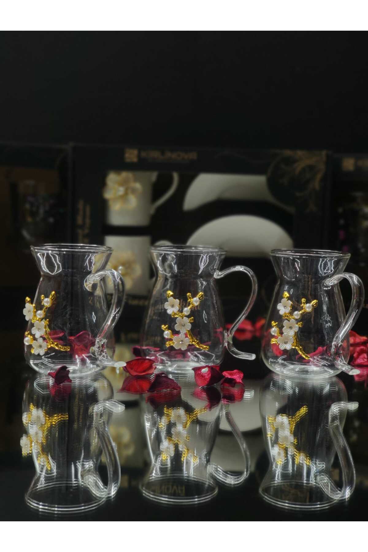 Image of Dal Çiçek Borosilikat Çay Bardağı 3lü Cam Set El Yapımı