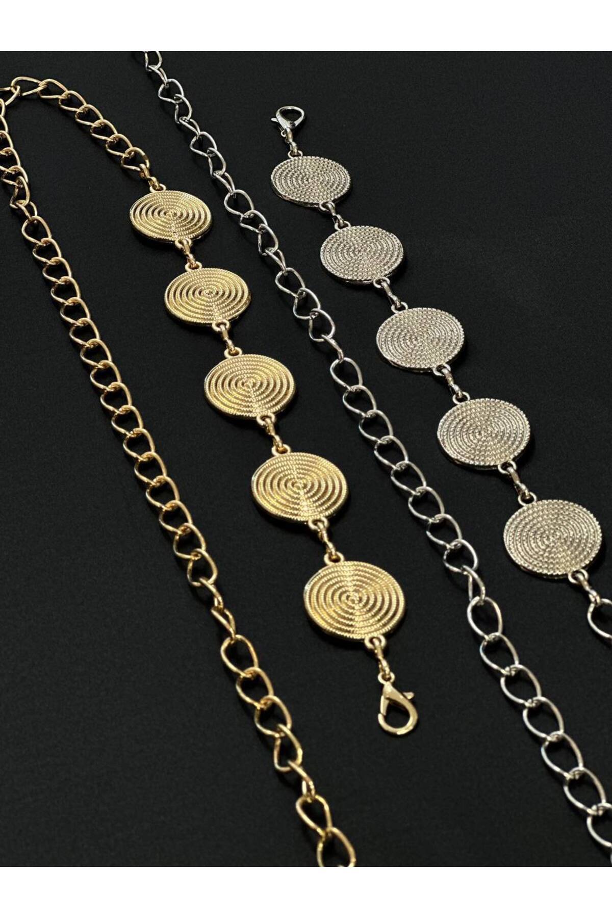 Image of 2'li Zincir Gold Gümüş Detaylı Kadın Bel Zinciri Bel Kemeri,Elbise Kemeri,Etek Kemeri,