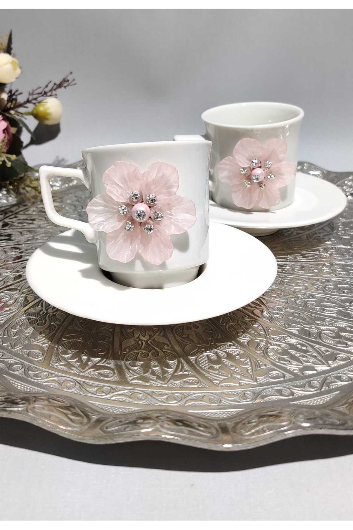 Image of Pembe Çiçek Motifli 2'li Porselen Fincan Takımı