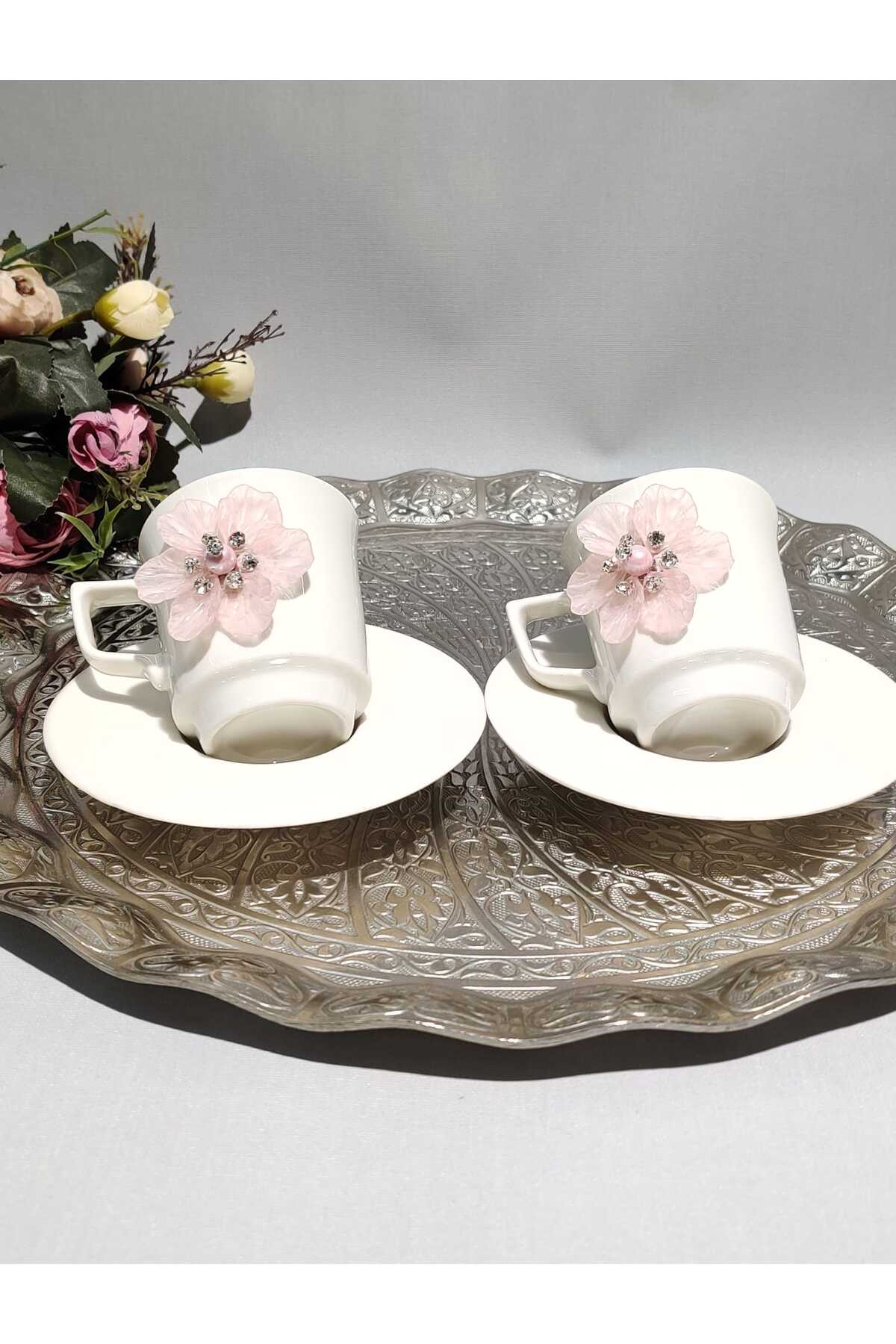 Image of Pembe Çiçek Motifli 2'li Porselen Fincan Takımı