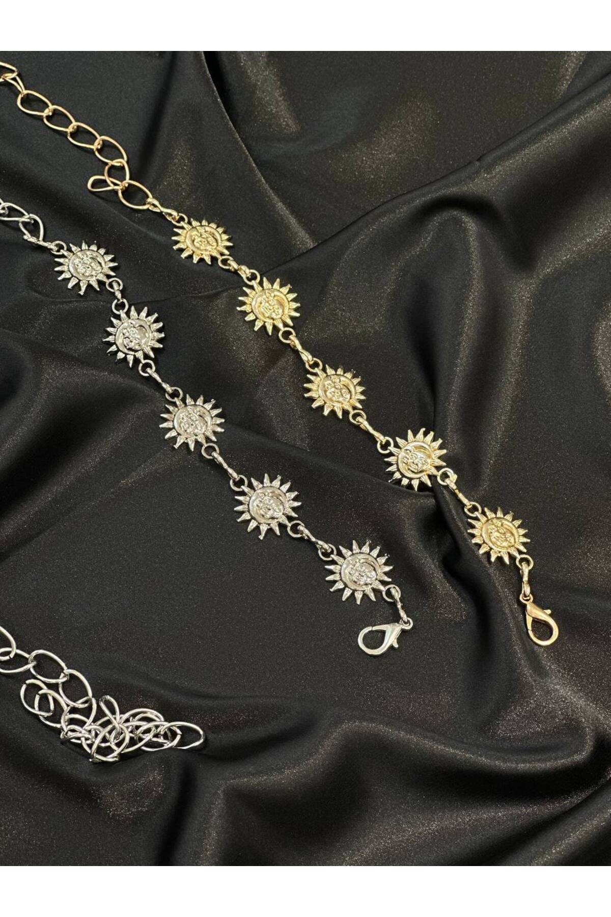 Image of Güneş Gold Ve Gümüş Detaylı Kadın Bel Zinciri Bel Kemeri,Elbise Kemeri,Etek Kemeri,Pantolon Kemeri