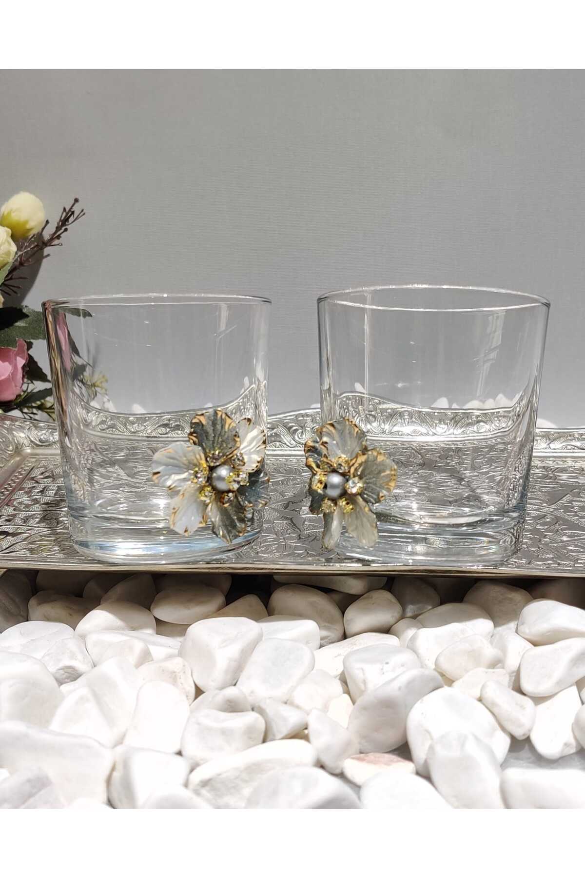Image of Çiçek Figürlü Cam Kahve Yanı & Meşrubat Bardağı – 190 ml (2’li Set)