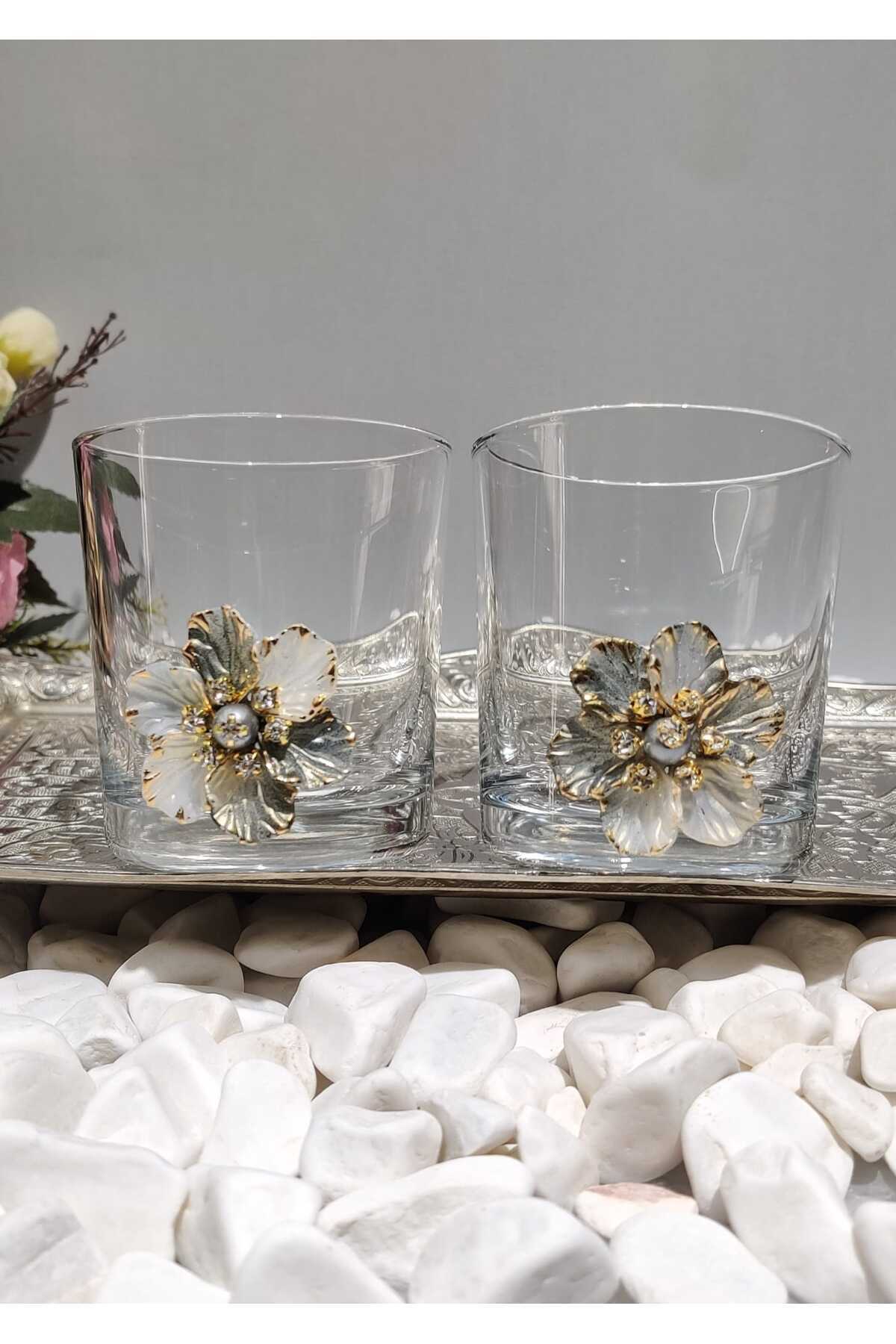 Image of Çiçek Figürlü Cam Kahve Yanı & Meşrubat Bardağı – 190 ml (2’li Set)