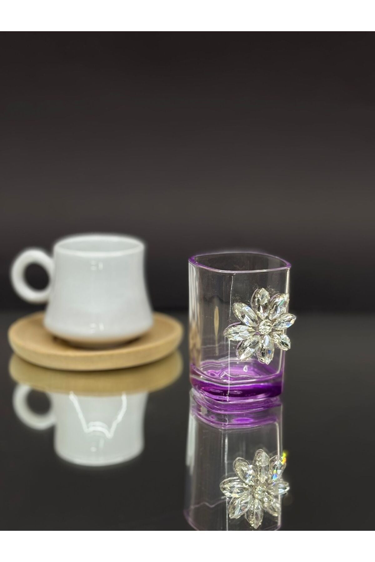 Image of Kristal Taş Detaylı Cam Kahve Yanı Bardağı/Kahve Yanı (2’li Takım) - Mor