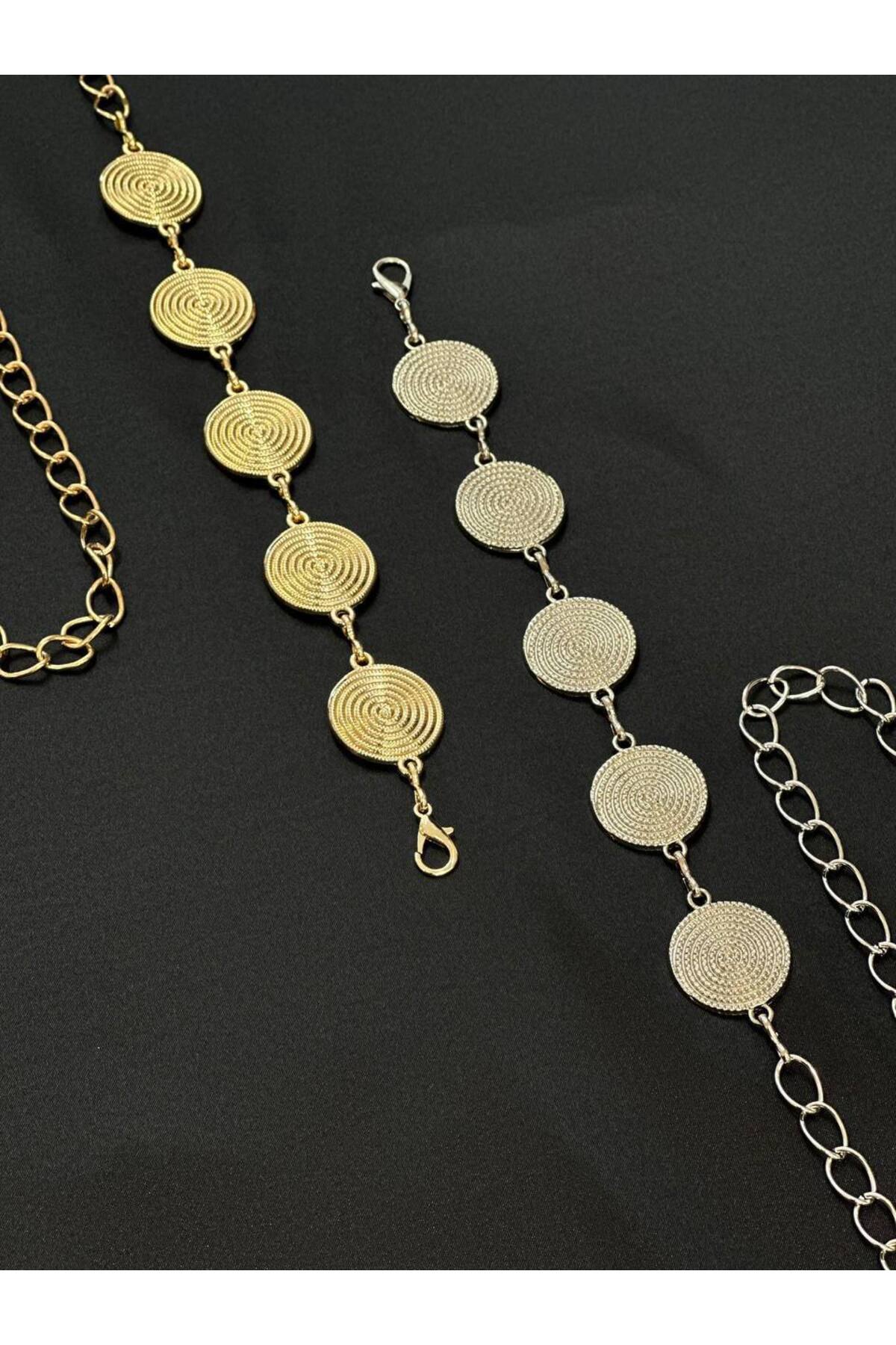Image of 2'li Zincir Gold Gümüş Detaylı Kadın Bel Zinciri Bel Kemeri,Elbise Kemeri,Etek Kemeri,