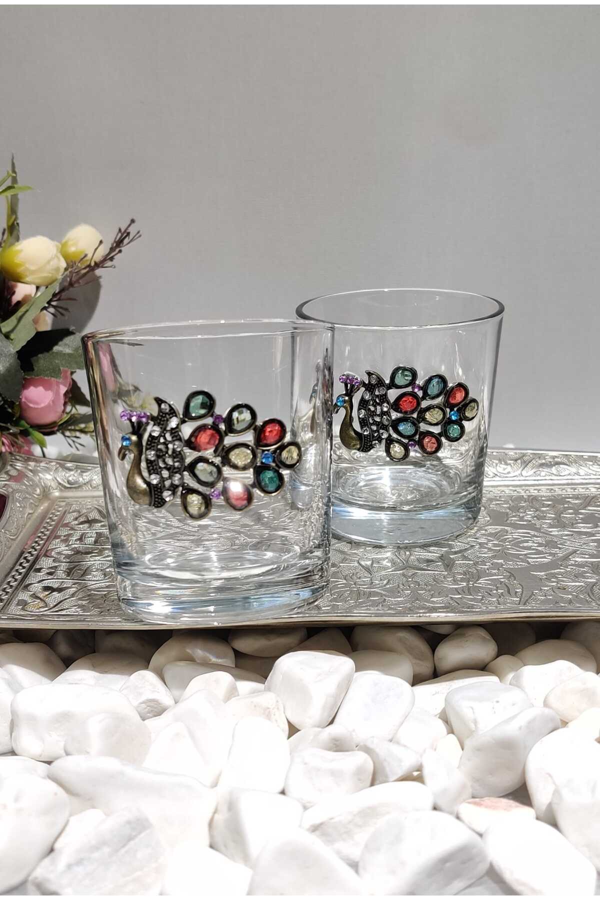 Image of Tavus Kuşu Figürlü Cam Kahve Yanı & Meşrubat Bardağı – 190 ml (2’li Set)