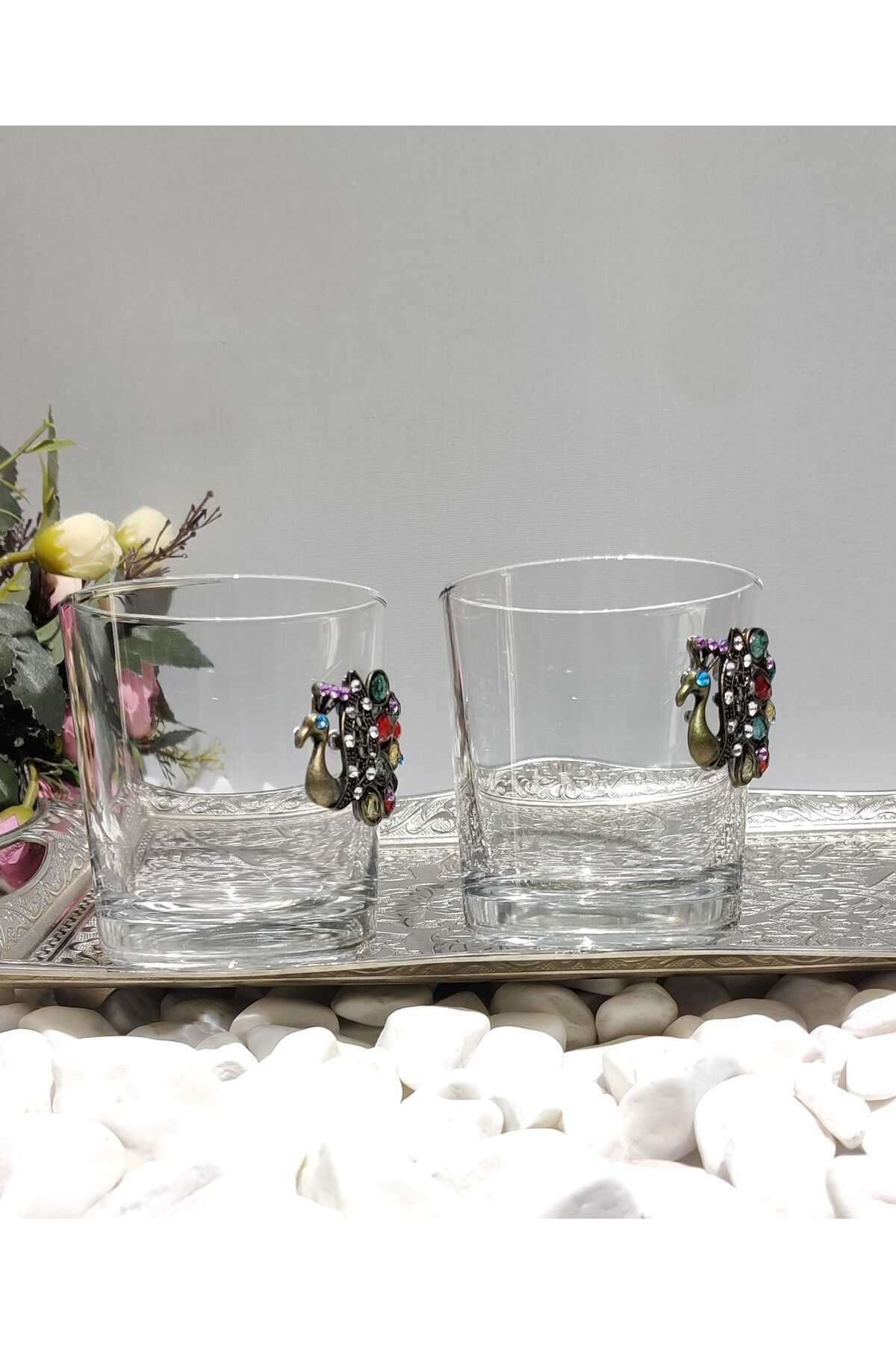 Image of Tavus Kuşu Figürlü Cam Kahve Yanı & Meşrubat Bardağı – 190 ml (2’li Set)