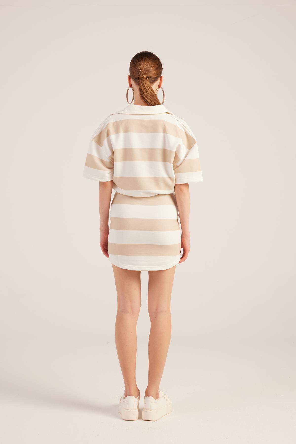 Image of Polo Yaka Çizgili Mini Pamela Elbise Bej