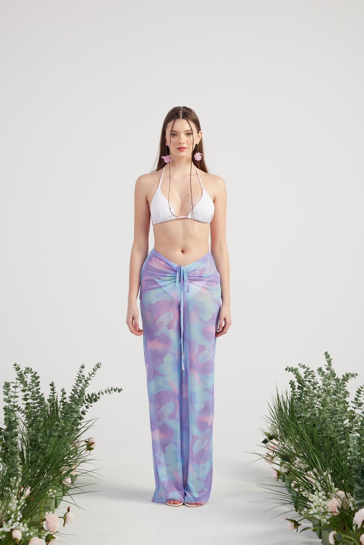 Image of Beli İp Detaylı Tül Pareo Shirred Pantolon Lila