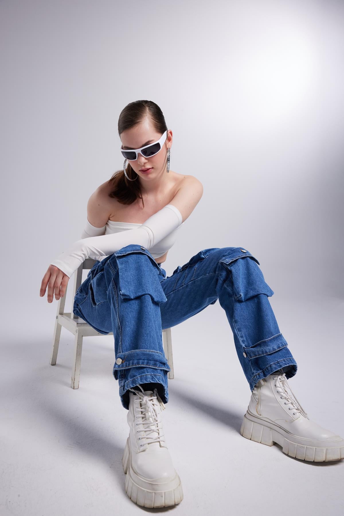 Image of Yüksek Bel Wide Leg  Cargo Jean Pantolon Mavi