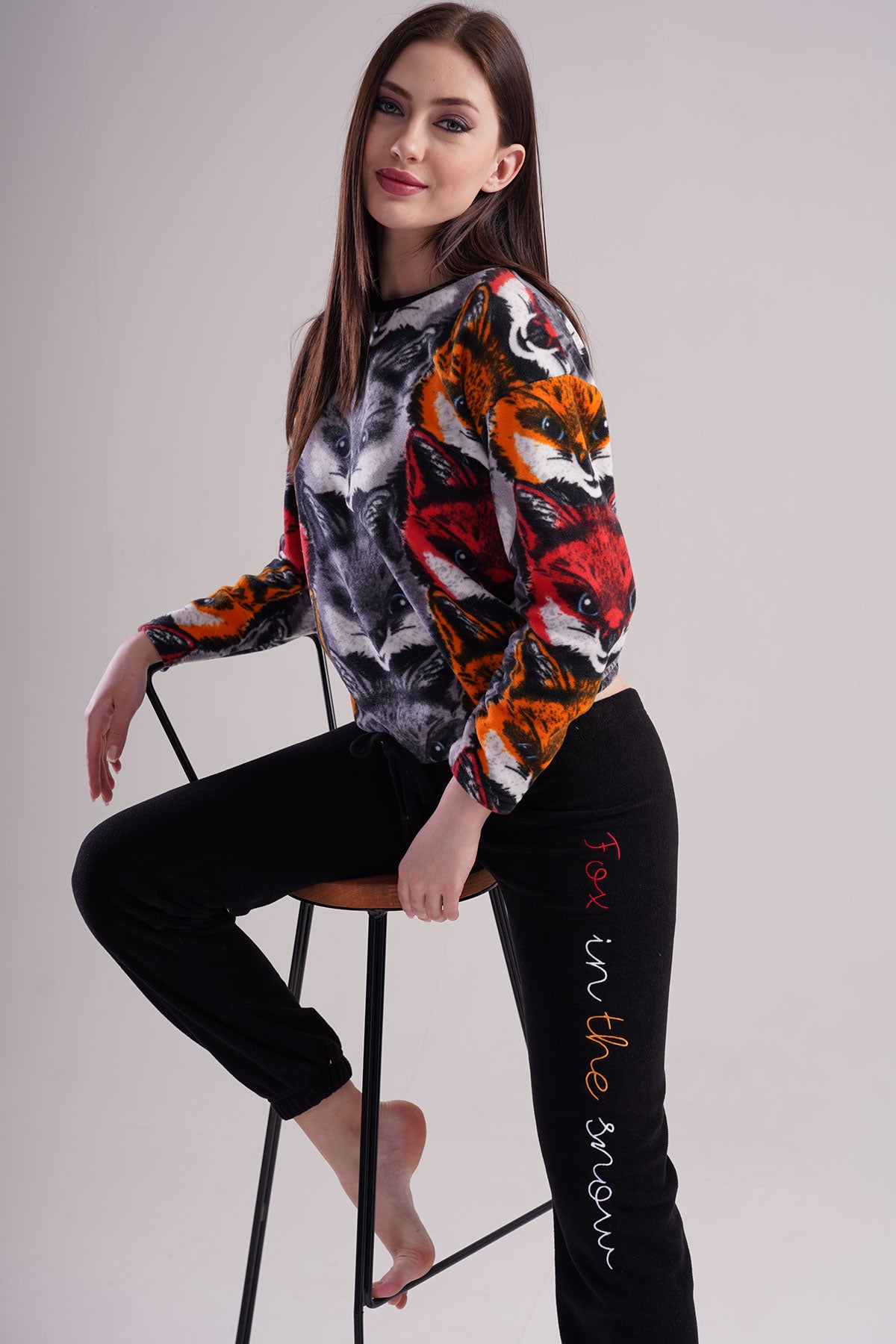 Image of BAYAN POLAR O YAKA DUSUK OMUZLU UZUN KOL BELI PACASI BUZGULU PIJAMA TAKIM