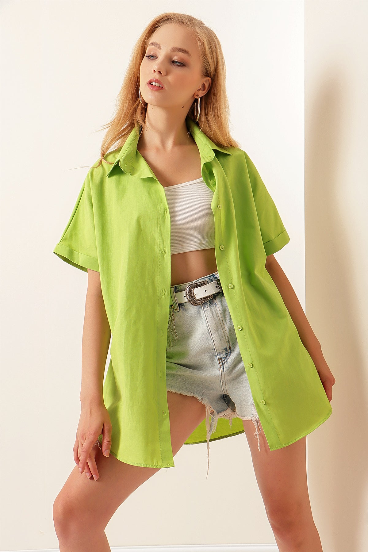Image of 20120 Tricou cu mânecă scurtă supradimensionat - Verde deschis