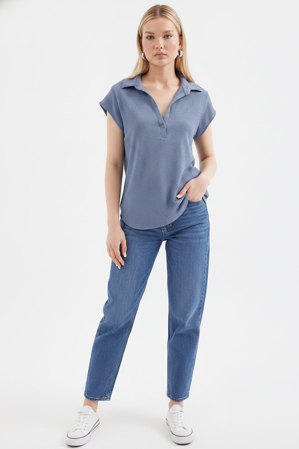 Image of 20123 Polo Yaka Örme Bluz - İndigo