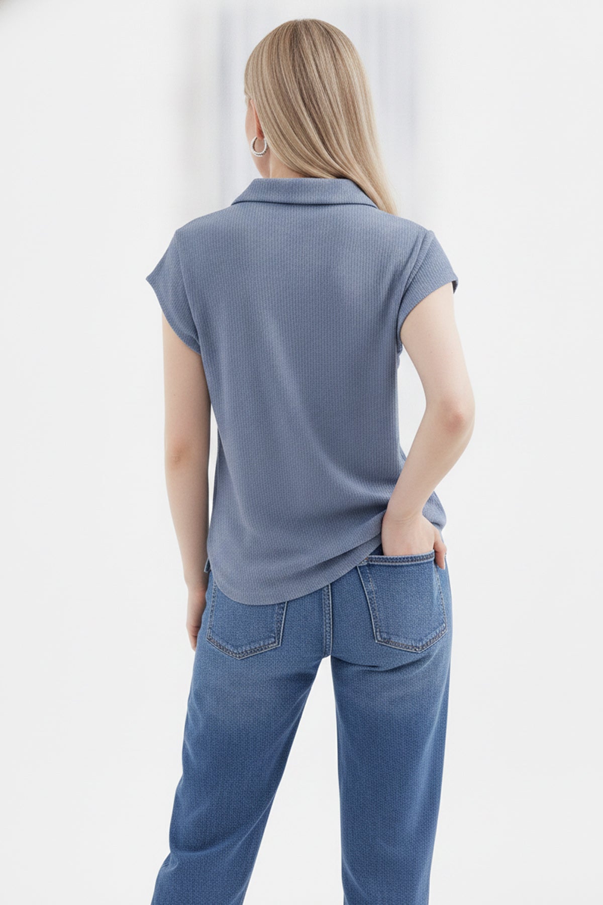 Image of 20123 Polo Yaka Örme Bluz - İndigo