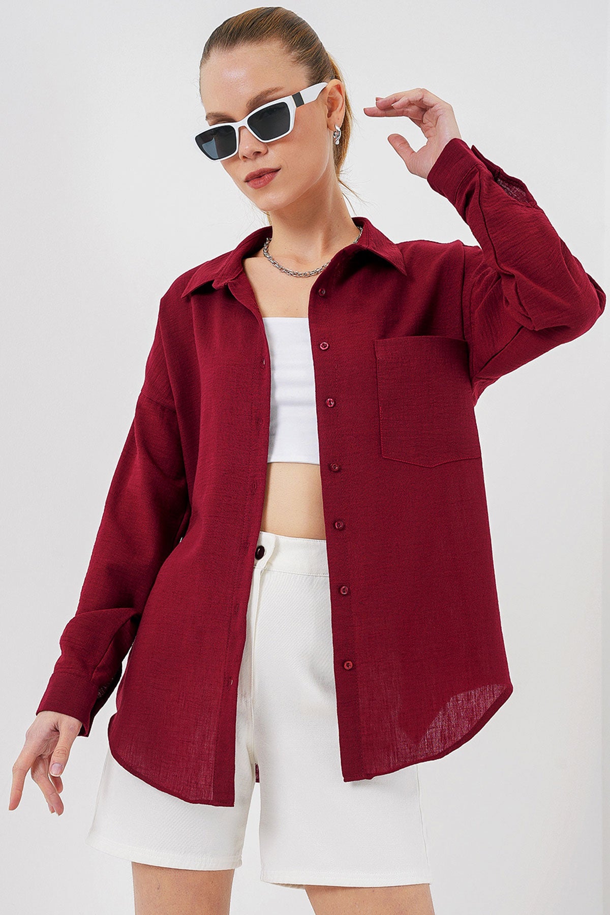 Image of 20153 Tek Cepli Oversize Keten Gömlek - Bordo