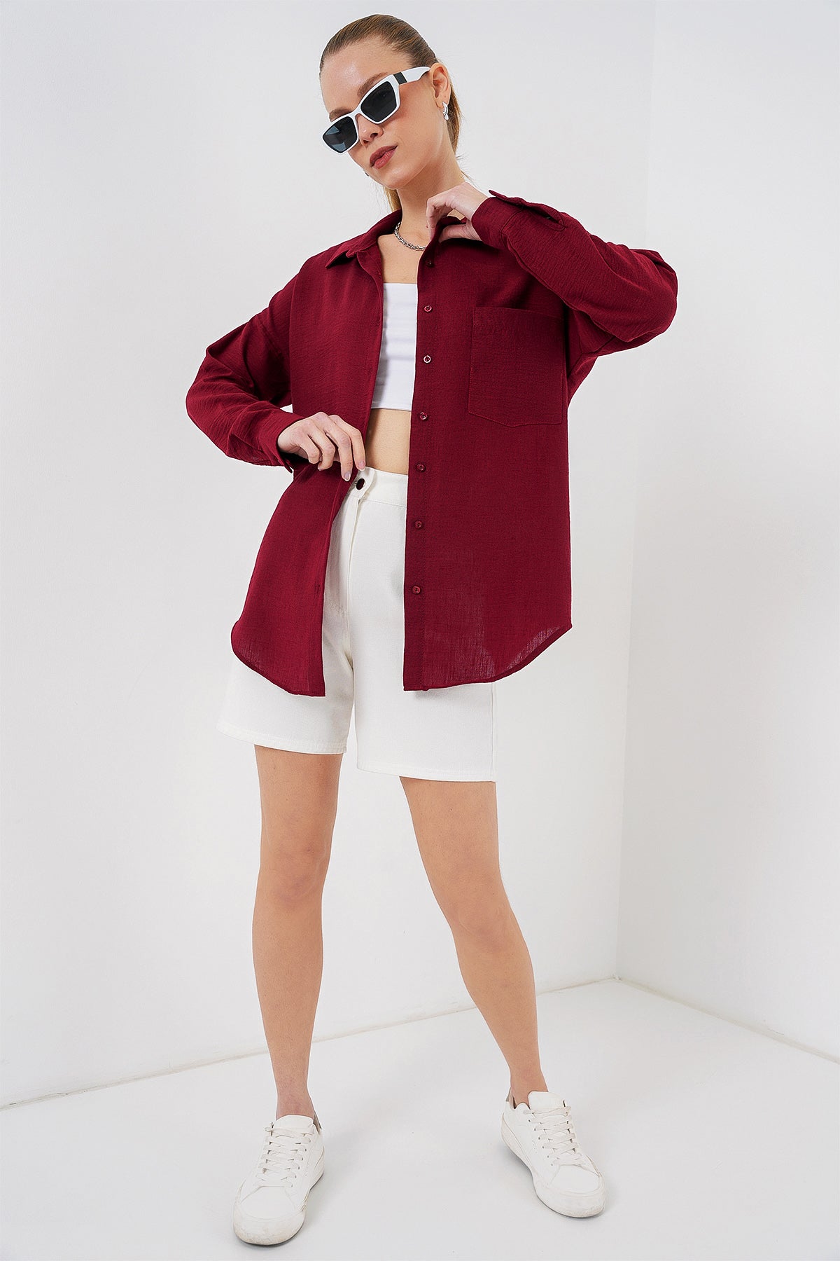 Image of 20153 Tek Cepli Oversize Keten Gömlek - Bordo