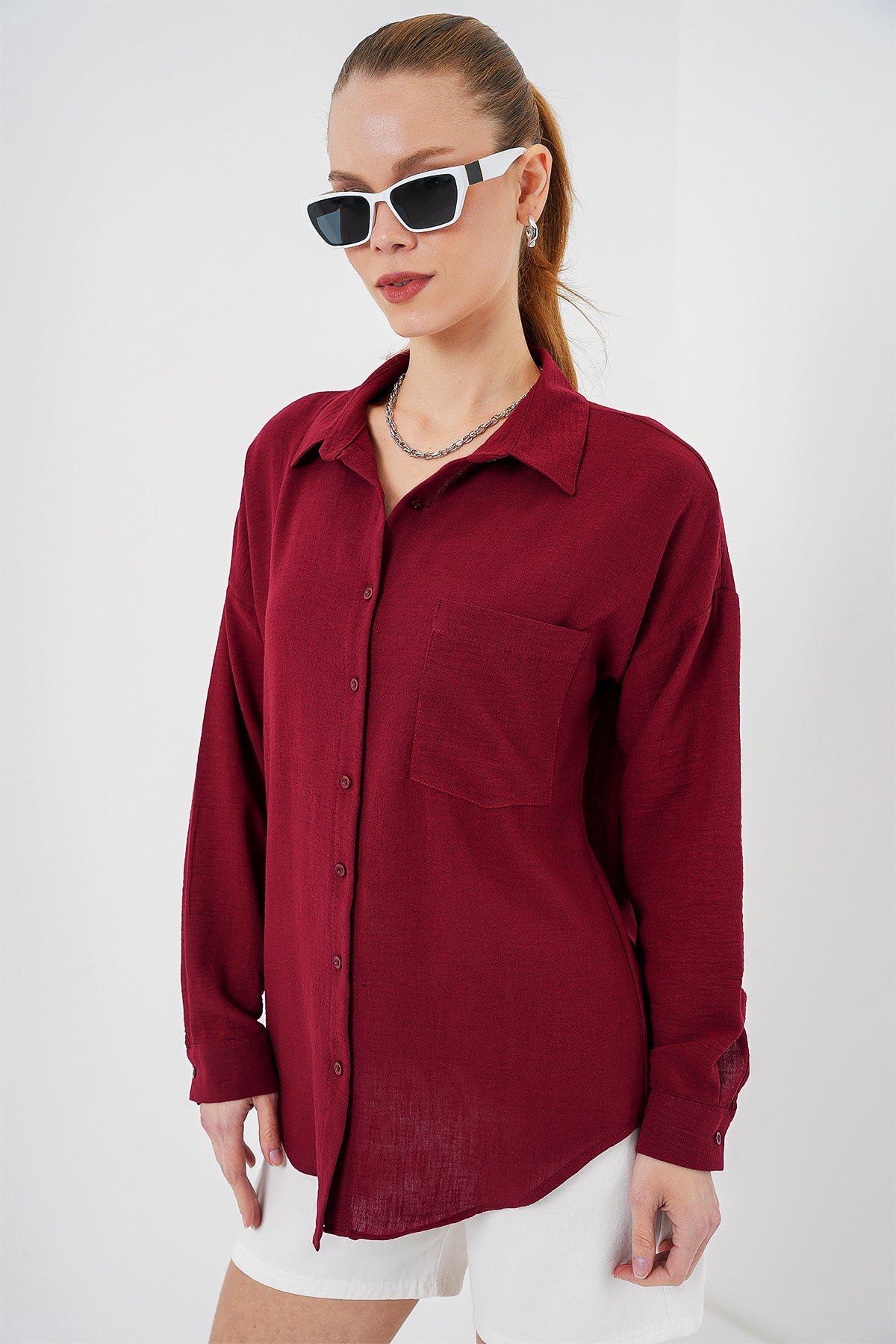 Image of 20153 Tek Cepli Oversize Keten Gömlek - Bordo