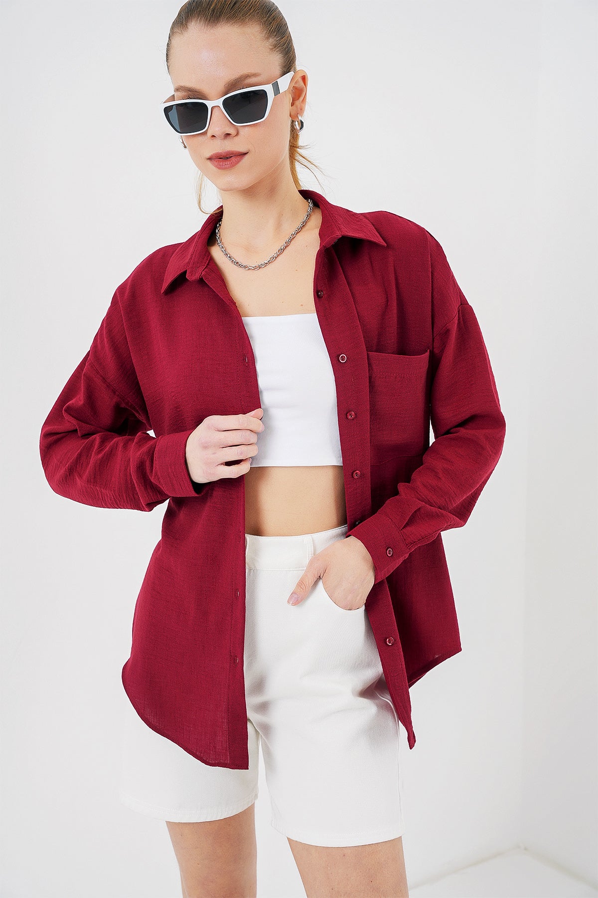 Image of 20153 Tek Cepli Oversize Keten Gömlek - Bordo