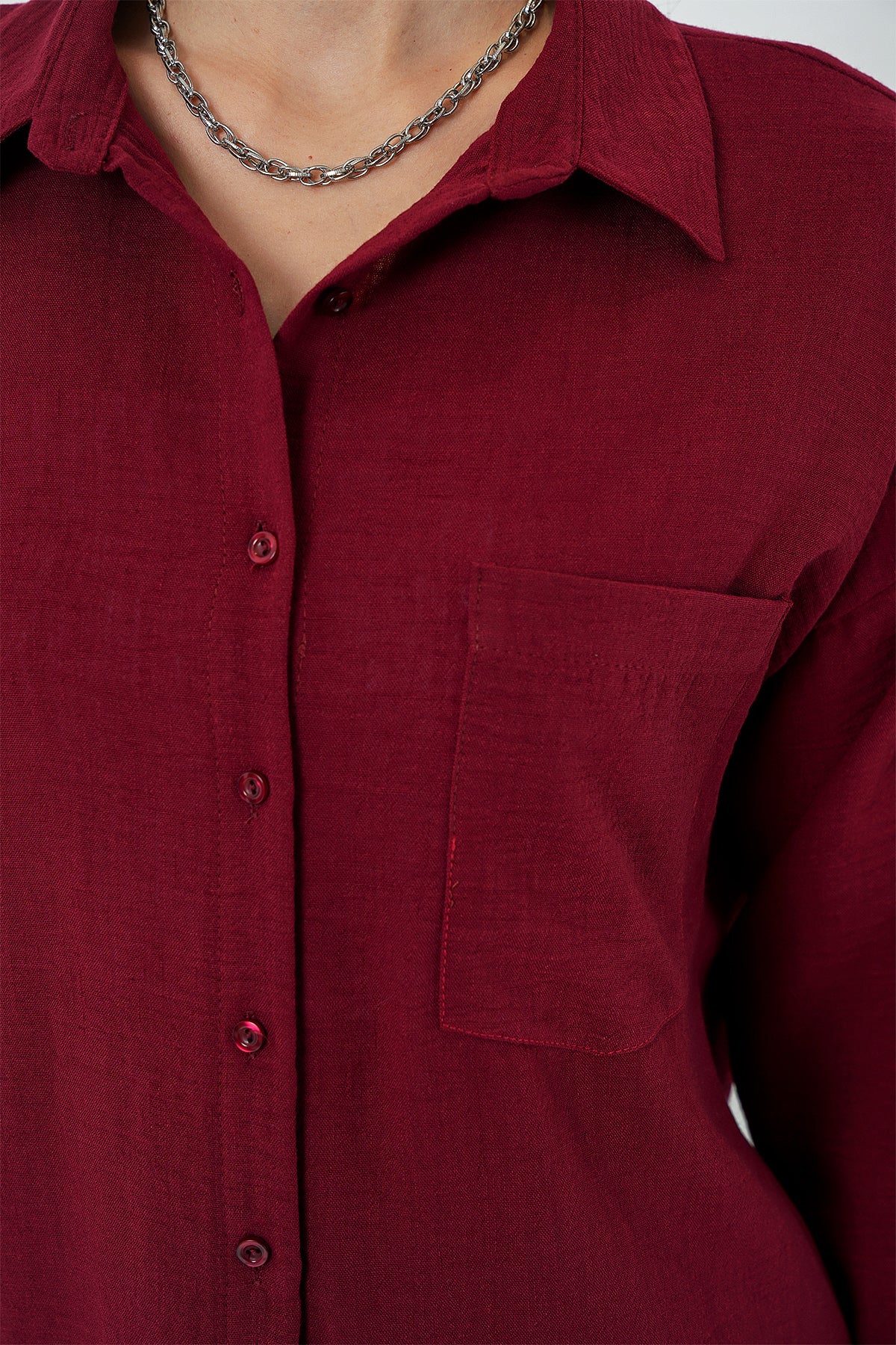 Image of 20153 Tek Cepli Oversize Keten Gömlek - Bordo